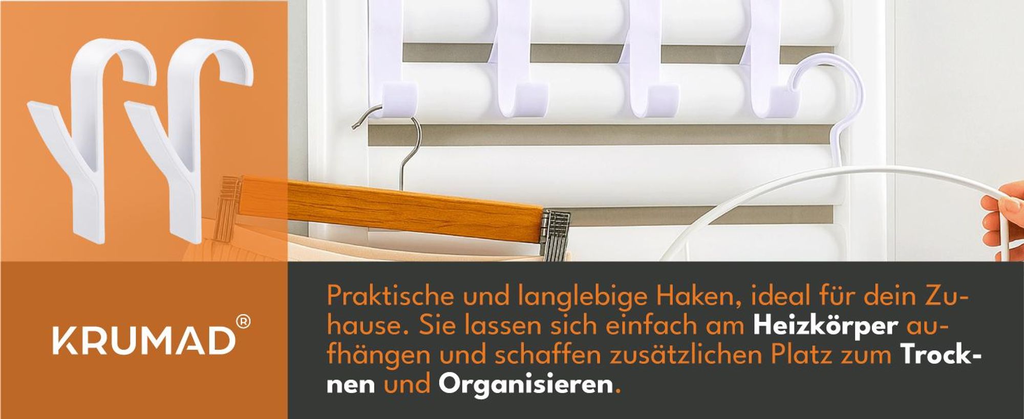 KRUMAD Heizkörper Haken 2er Set – Handtuchhalter Heizung ohne Bohren aus PP – Halter zum Einhängen für Badheizkörper, ideal für Handtücher & Bademänt