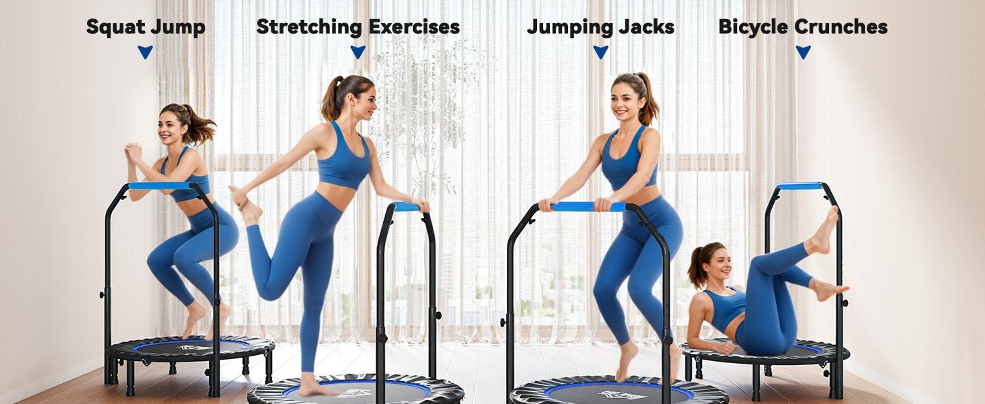Trampolina fitness HOMCOM 102 cm, składana mini trampolina z uchwytem o czterech regulowanych wysokościach, trampolina fitness dla dorosłych, do 100 kg, czarno-niebieska