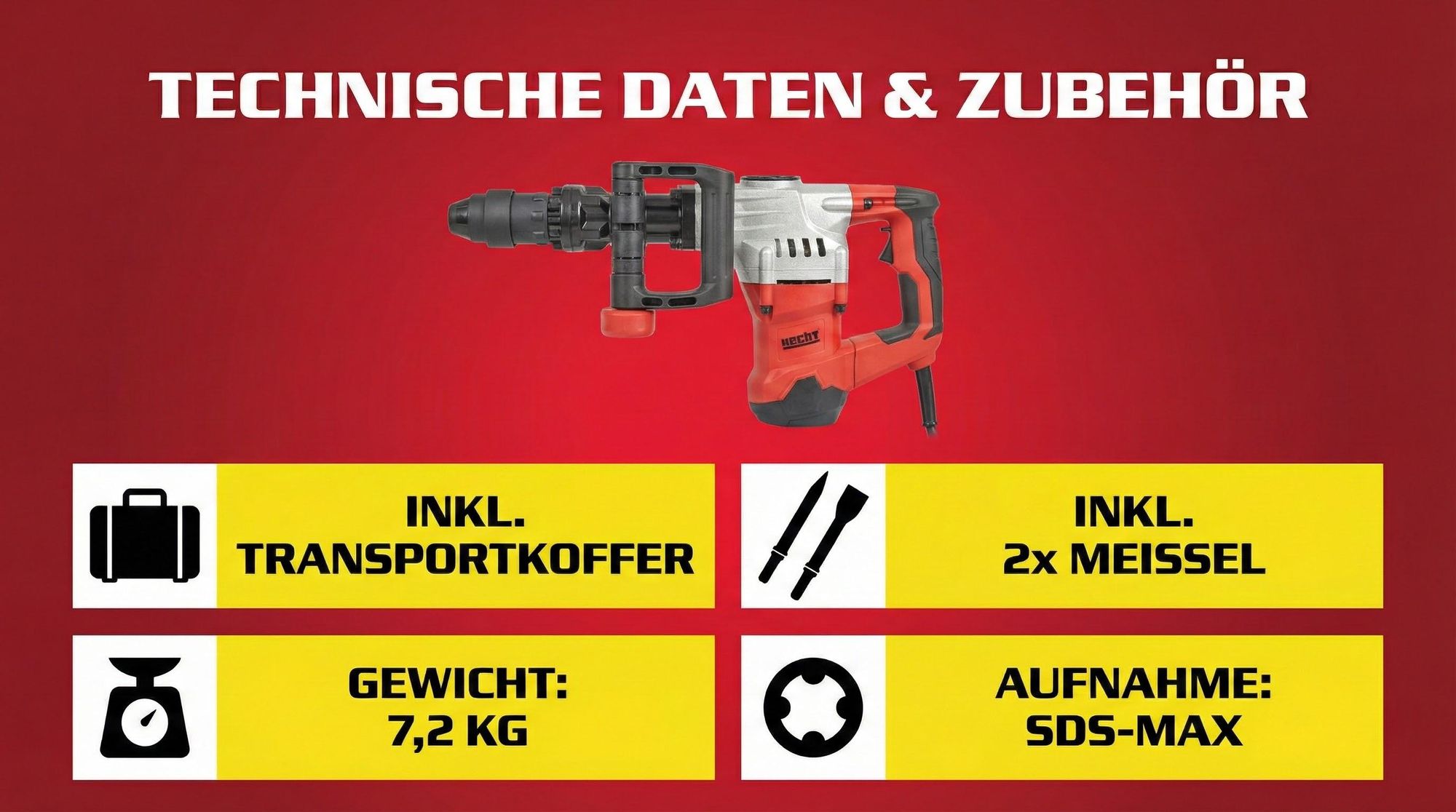 HECHT 1090 Stemmhammer SDS Max | 1300 W | 2 Kohlebürsten | 15 J | mit Koffer und viel Zubehör