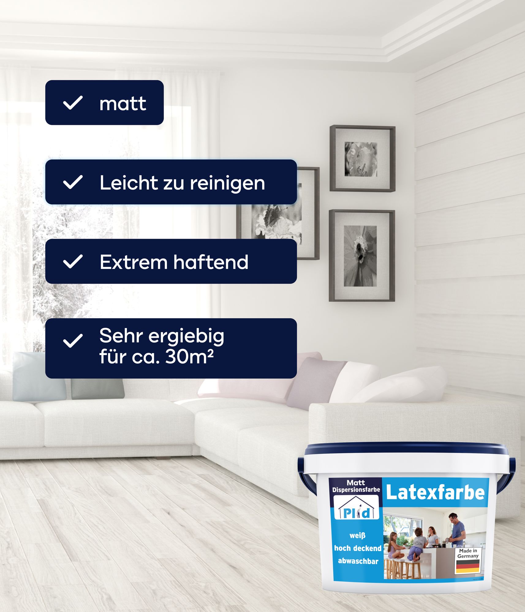 Plid Latexfarbe 5L Weiß matt / Abwaschbare Innenfarbe für ca. 35m² – Wandfarbe, strapazierfähig, Germany