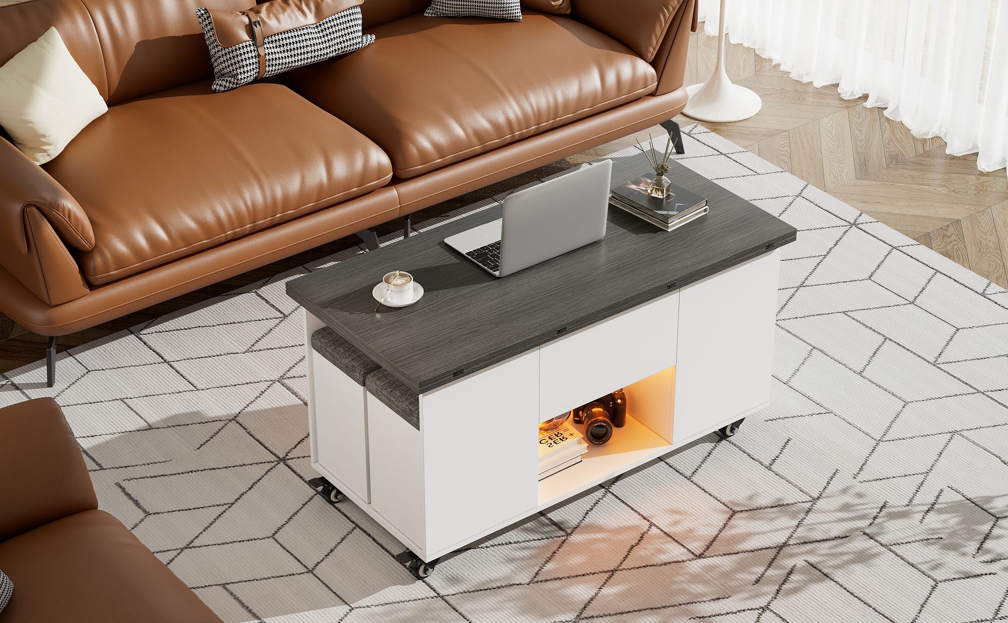 Couchtisch mit 4 Hockern& LED,  Verwandlungs Esstisch, ausziehbarer Tischplatte, Universalrad, Höhenverstellbar, Spart Platz, 105 * 100/50 * 55.5 cm