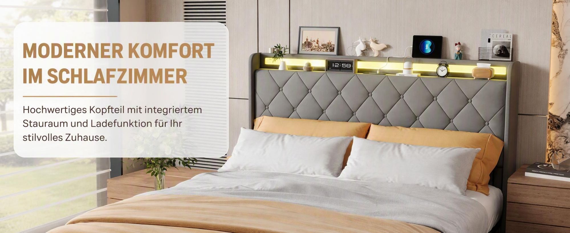 INONEFT Boxspringbett Polsterbett 160x200 mit LED & USB/C,Doppelbett Bett mit 4 Schubladen und Lattenrost,Bettgestell mit Stauraum-Kopfteil,Samt Grau