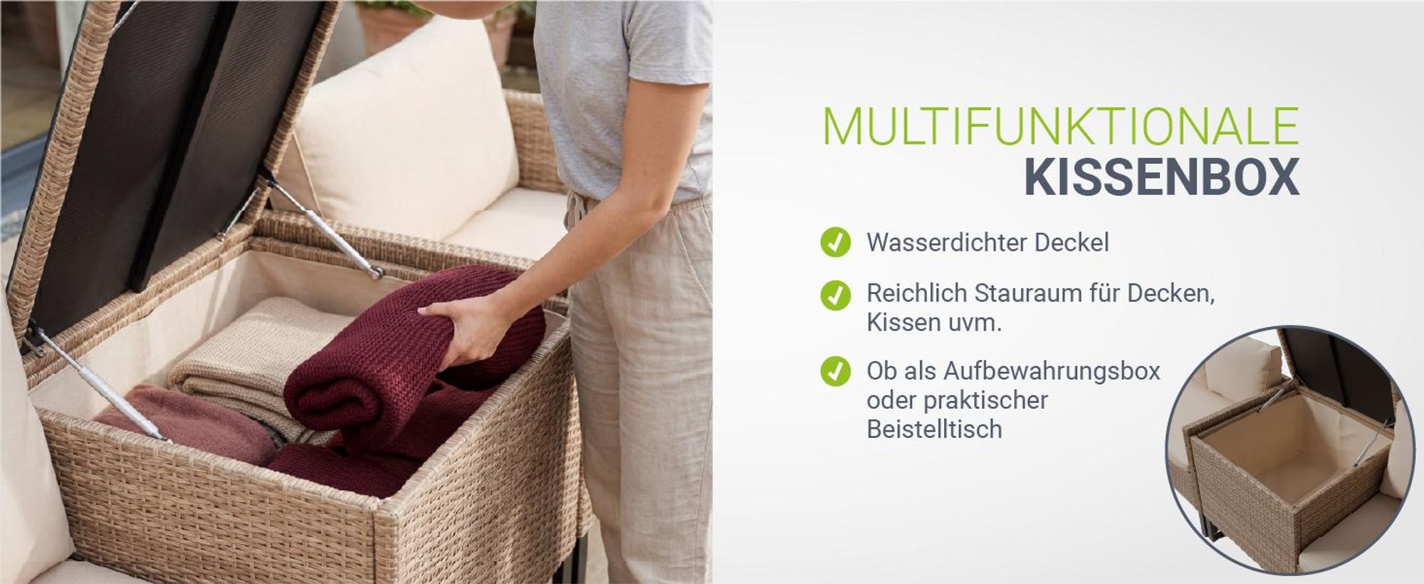 Juskys Polyrattan Lounge Santorini - Sitzecke mit Beistelltisch & Auflagenbox - Creme