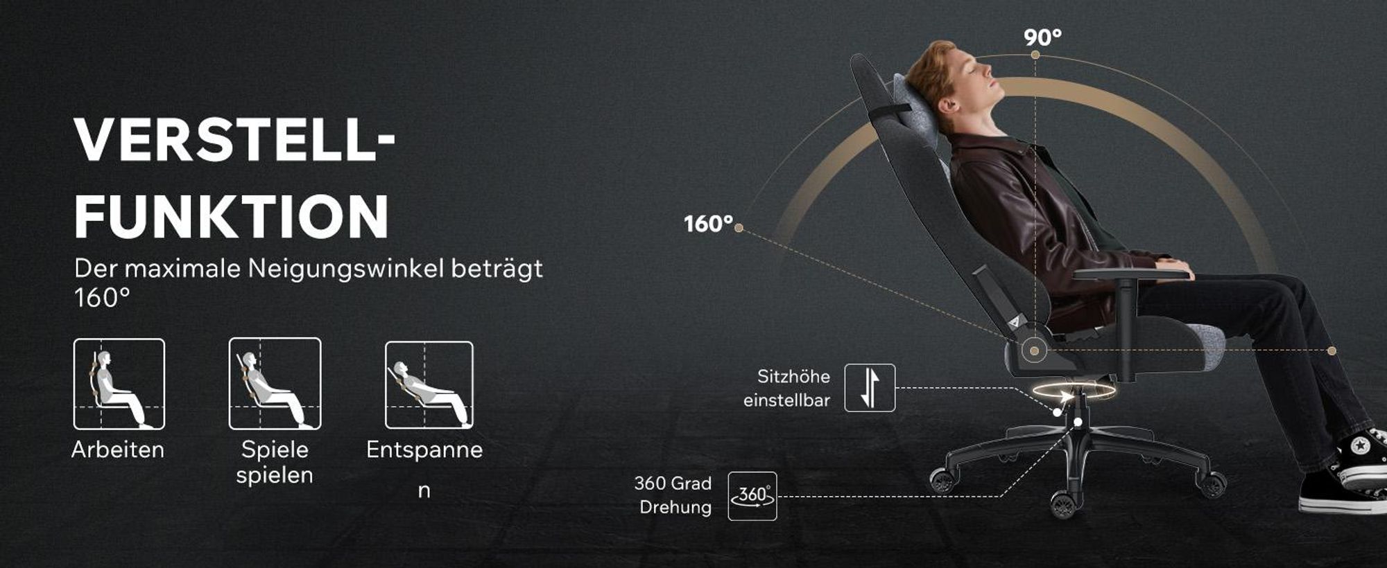 SENSE7 Gamingstuhl Spellcaster FUKU XL Stoff Grau Schwarz - Ergonomischer Bürostuhl Schreibtischstuhl bis 160 kg Wippfunktion Rollen für Hartboden