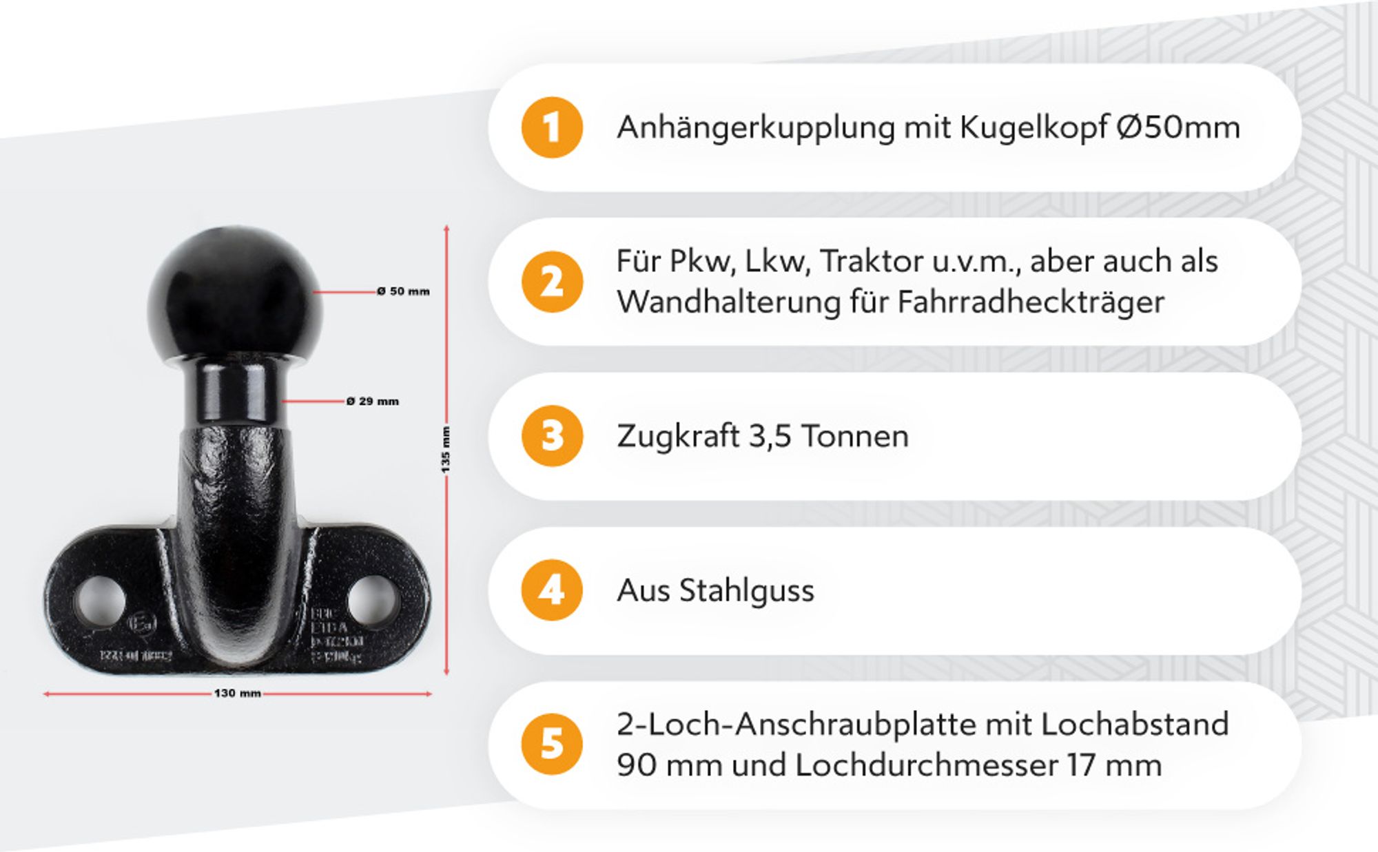 Wiltec Anhängerkupplung mit 50 mm Kugelkopf, 3,5 t Zugkraft, Anhängevorrichtung aus Gussstahl für Pkw Lkw Traktor, 2 Loch Anschraubplatte