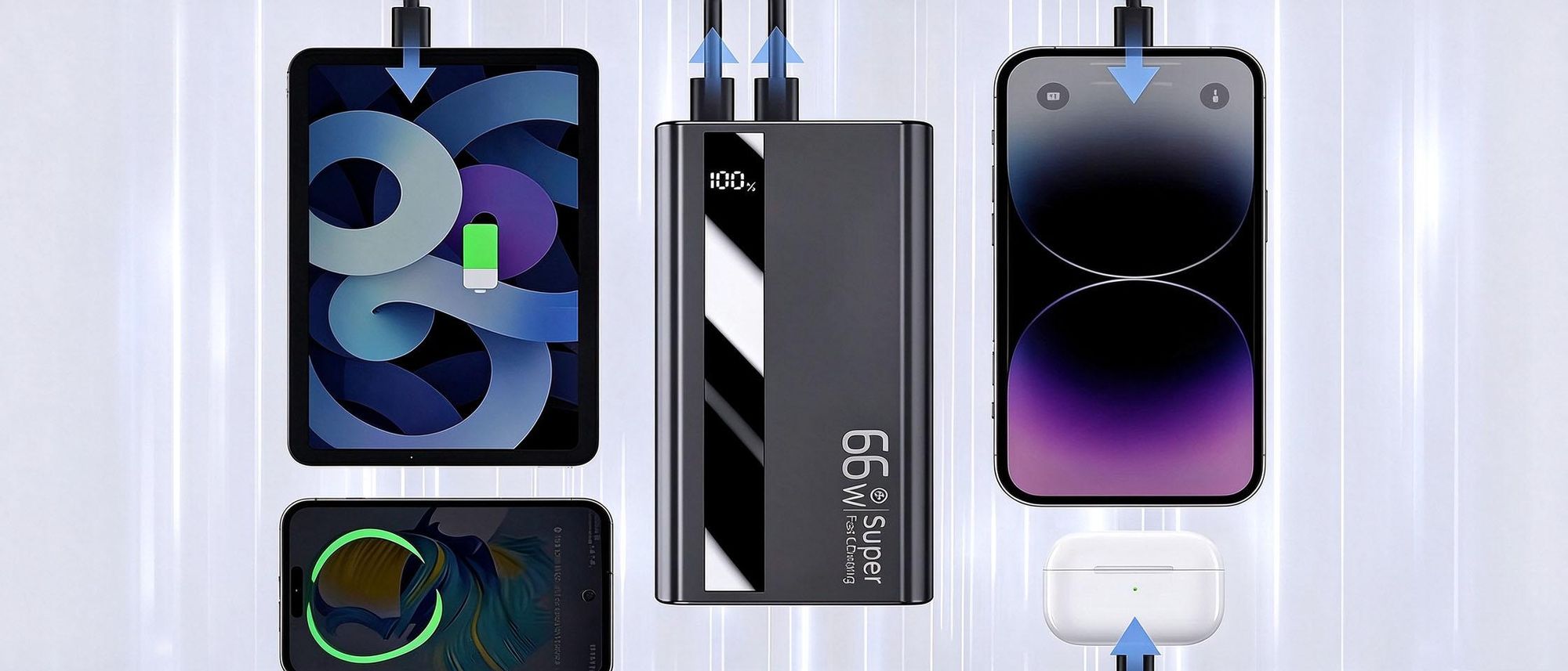 Juksun Powerbank, 60000mah Power Bank, 66W PD QC3.0 USB-C Fast Charge, 2 Input und 5 Output (QC & USB & Typ C) für Handy und Tablet und Kamera