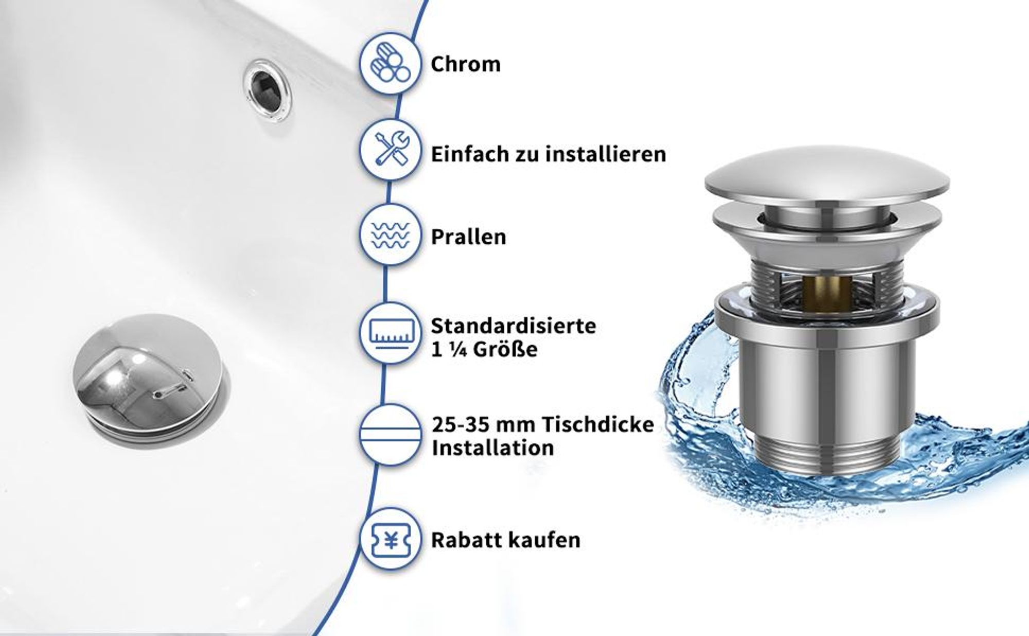 Homelody Chrom Wasserhahn Bad mit Universal Ablaufgarnitur Armatur Mischbatterie Waschbeckenarmatur mit Pop-Up Ventil Messing Überlauf Abflussgarnitur