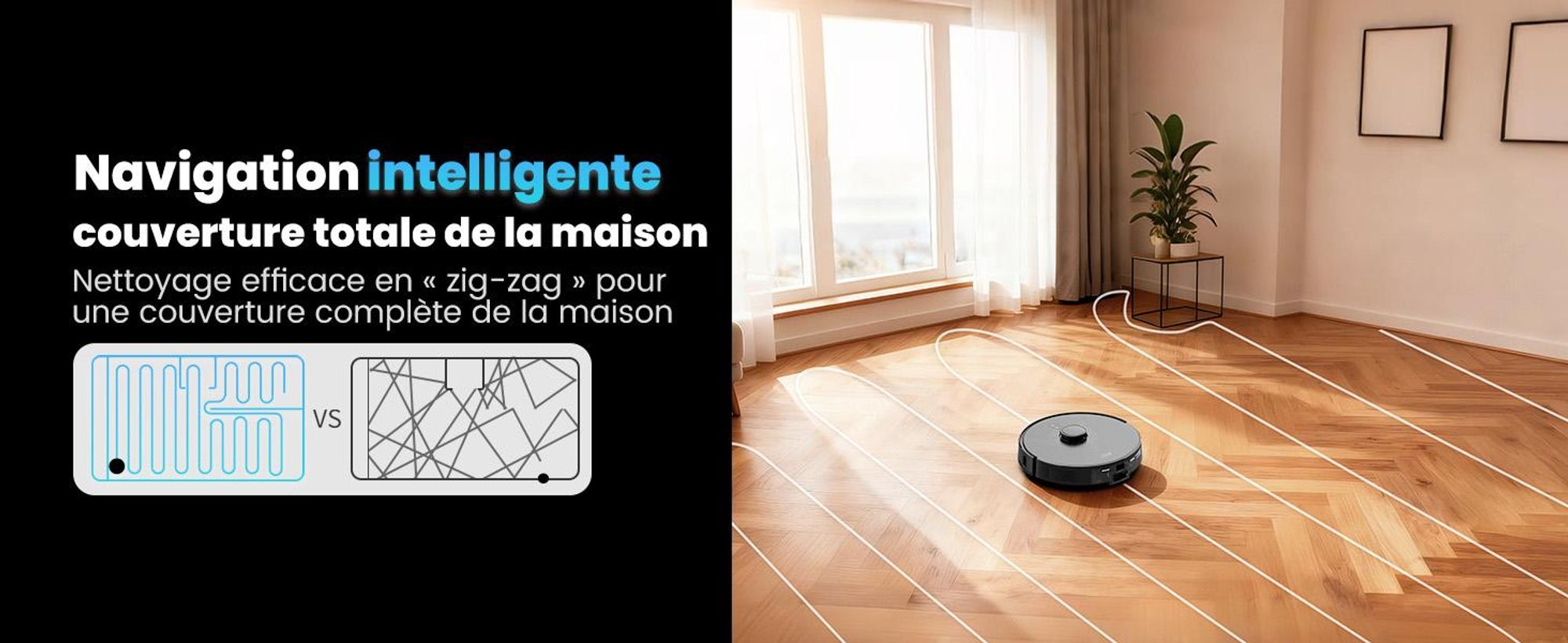 Robot aspirateur AIRROBO Q20+ avec fonction de nettoyage, navigation et cartographie Lidar intelligentes, puissance d'aspiration de 8000 Pa, autonomie