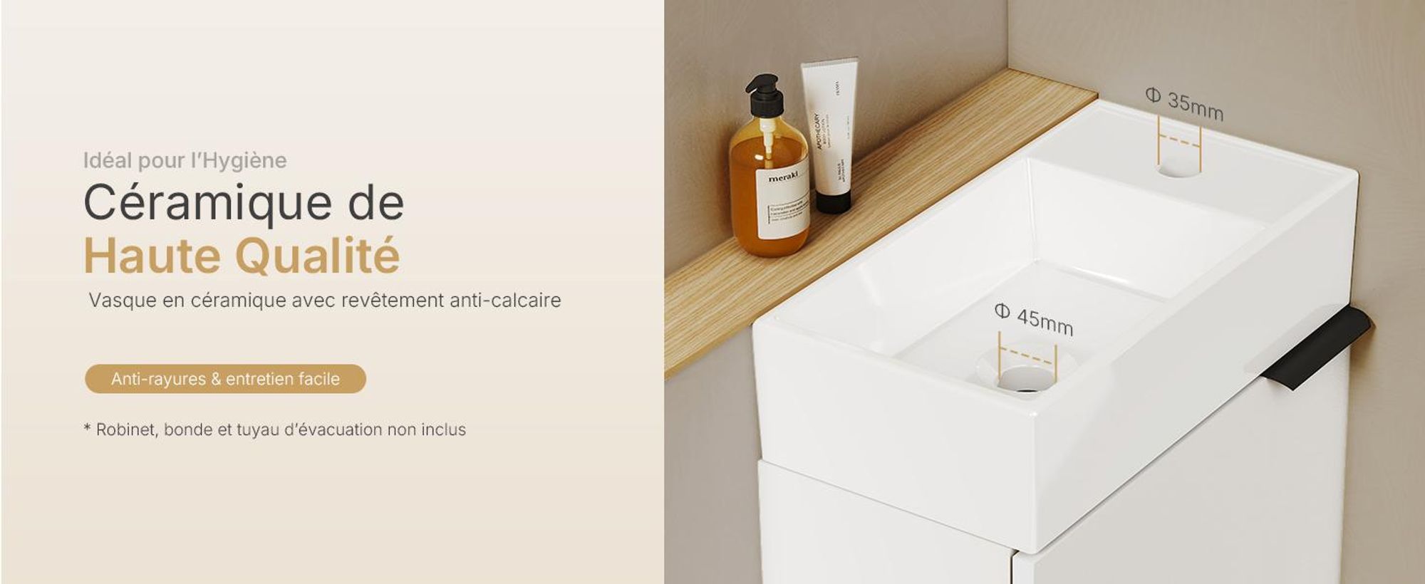 EMKE Ensemble de lavabos Meuble sous-lavabo avec vasque en céramique 417×240×646 mm suspendu, Soft-Close Blanc
