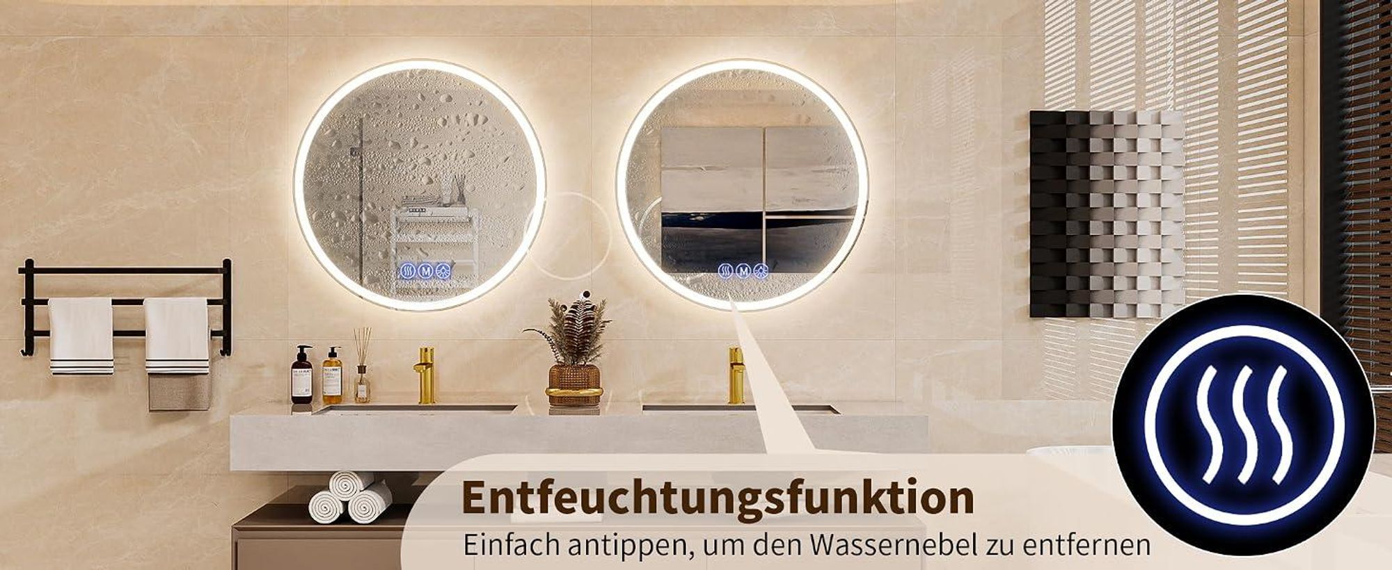 Koonmi runder LED Badspiegel 80 cm, dimmbar, Wandspiegel mit 3 Lichtfarben, Antibeschlagfunktion und bruchsicherem Glas für Badezimmer und Waschtisch