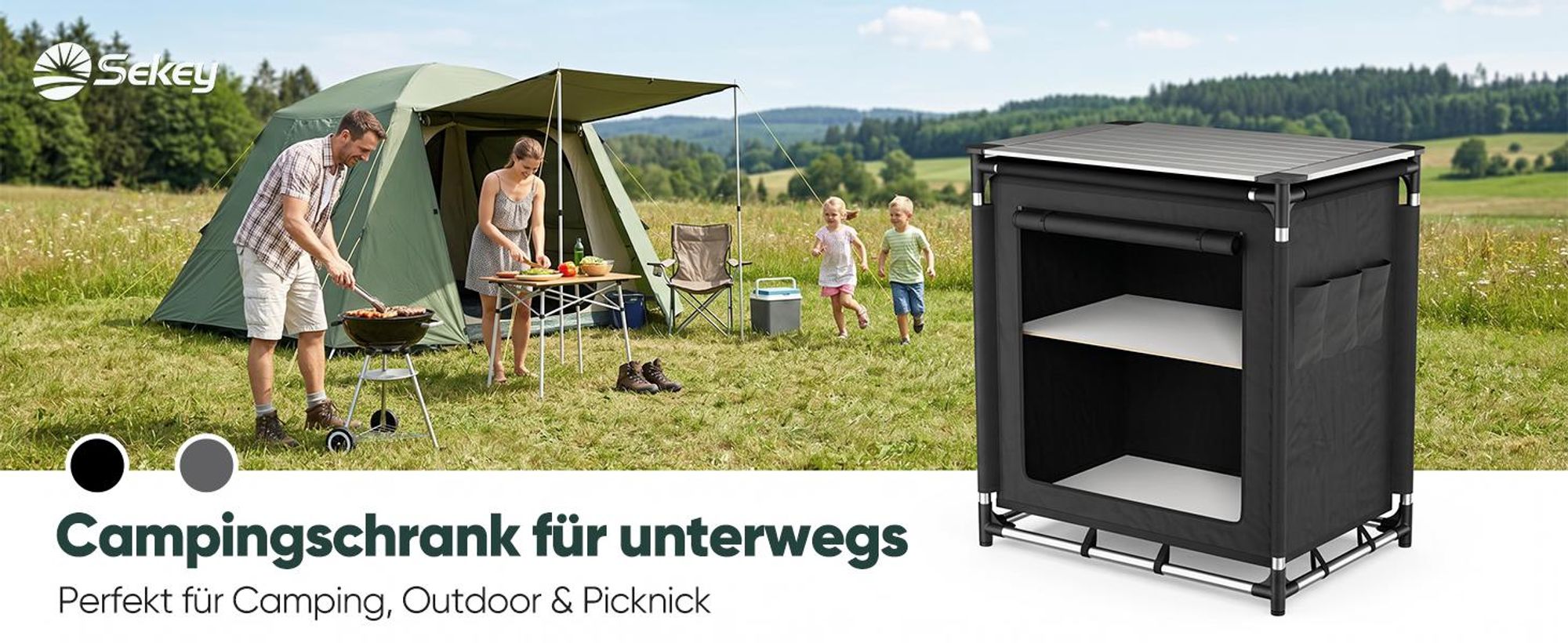 Sekey Campingküche Premium mit Aluminiumgestell und Aluminium-Arbeitsplatte Faltbar 76 x 52 x 77 cm, Schwarz