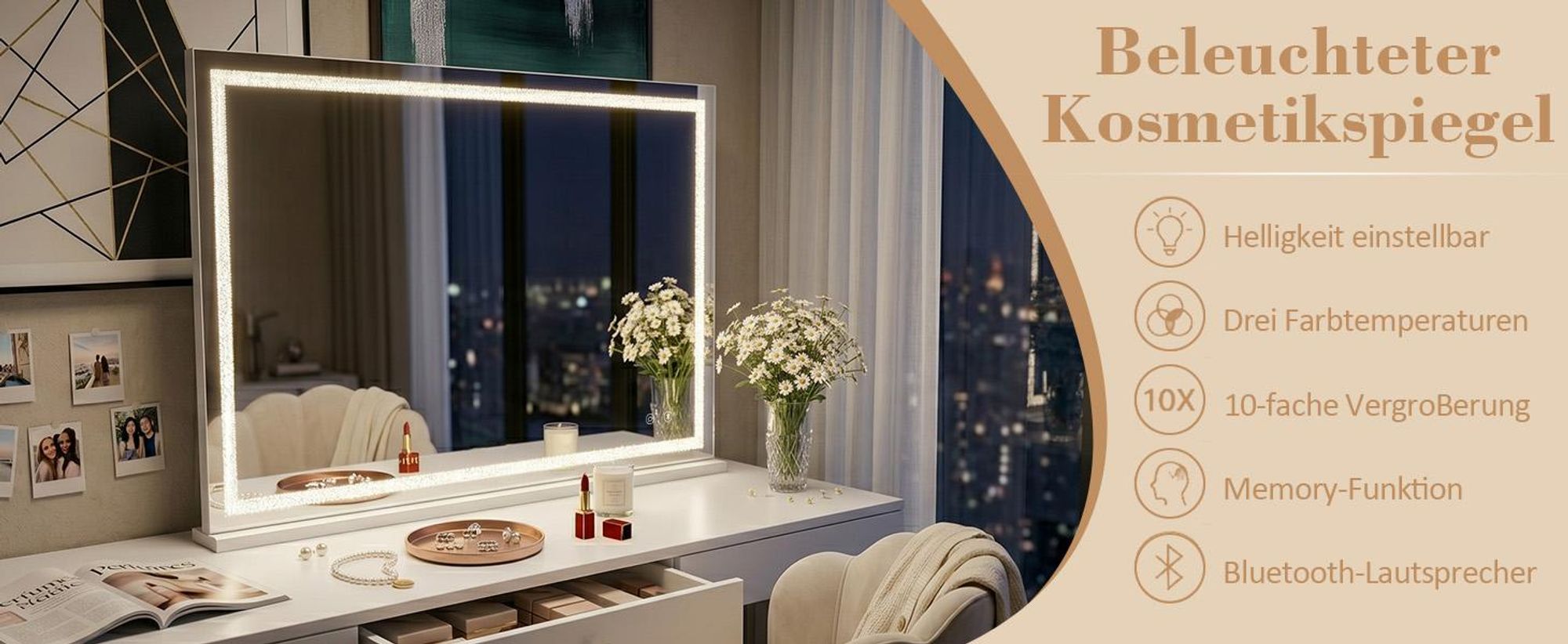 VANITII Hollywoodské kosmetické zrcadlo 80 cm x 58 cm s LED osvětlením 3 světelné režimy krystaly Bluetooth kosmetické zrcadlo do koupelny toaletní stolek Bílá