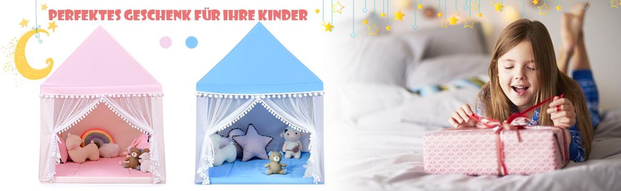 COSTWAY Kinderspielhaus Kinderzelt, Kinderspielzelt für 3-4 Kinder Spielhaus mit Massivholzrahmen & Baumwolldecke 120x105x140cm Blau
