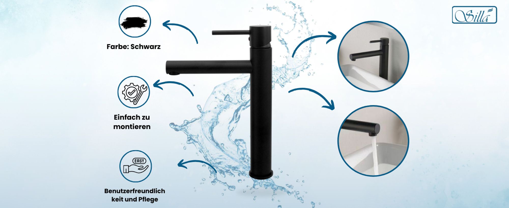 Waschtischarmatur, Wasserhahn Bad, Wasserhahn, Silla, Schwarz, Badarmatur