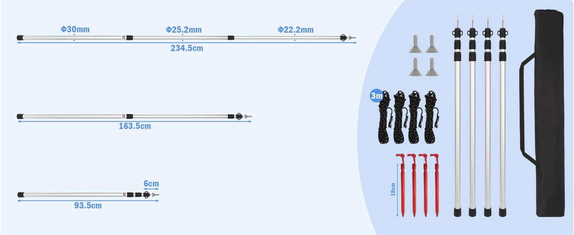 4x Zeltstange, Tarpstange, Zeltstäbe, Teleskopstange, Aufstellstange, 87.5-234.5cm Höhenverstellbar, für Zelt, Tarp, Sonnensegel oder Plane