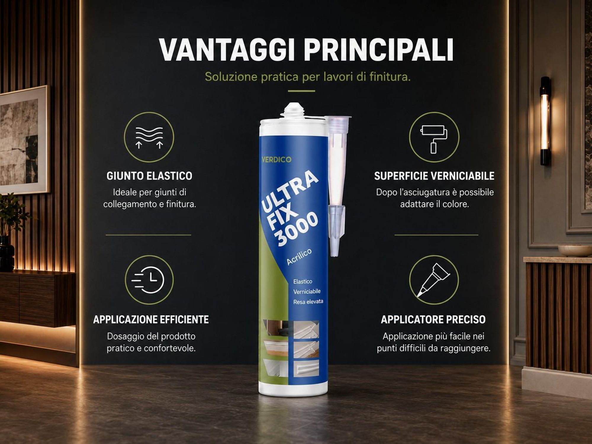 Colla acrilica, caratterizzata da vantaggi quali un giunto elastico e un applicatore di precisione.
