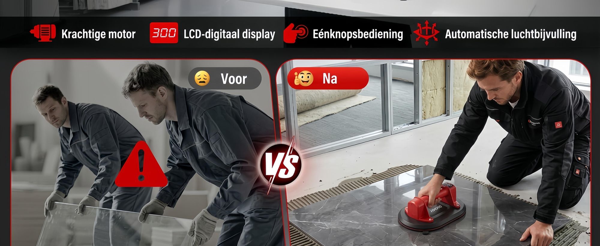Accu Vacuümheffer 300 kg, 10" Elektrische Zuignap met Digitaal Display & Automatisch Bijpompen, voor Tegels, Glas & Steen