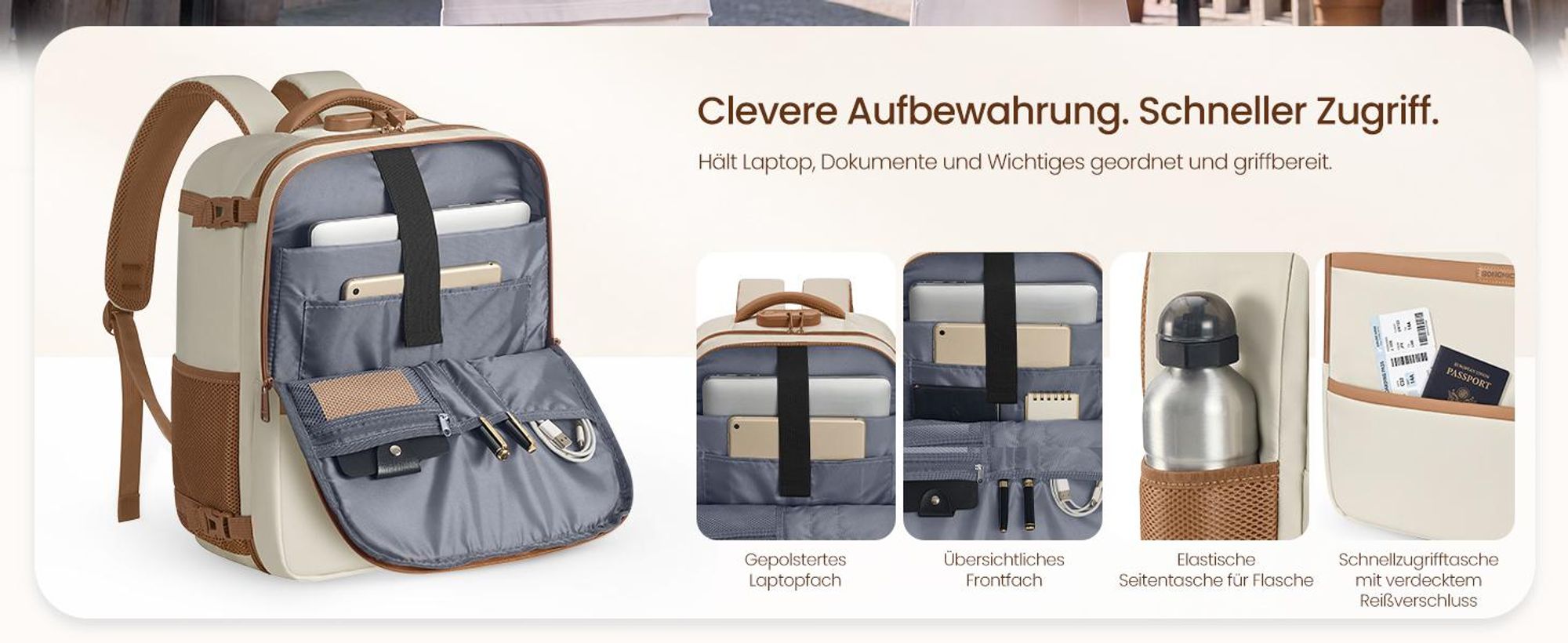 SONGMICS Handgepäck Rucksack für easyJet, Wasserdichter Reiserucksack mit 17,3 Zoll Laptopfach, 24 L, 40 x 30 x 20 cm, Warmweiß