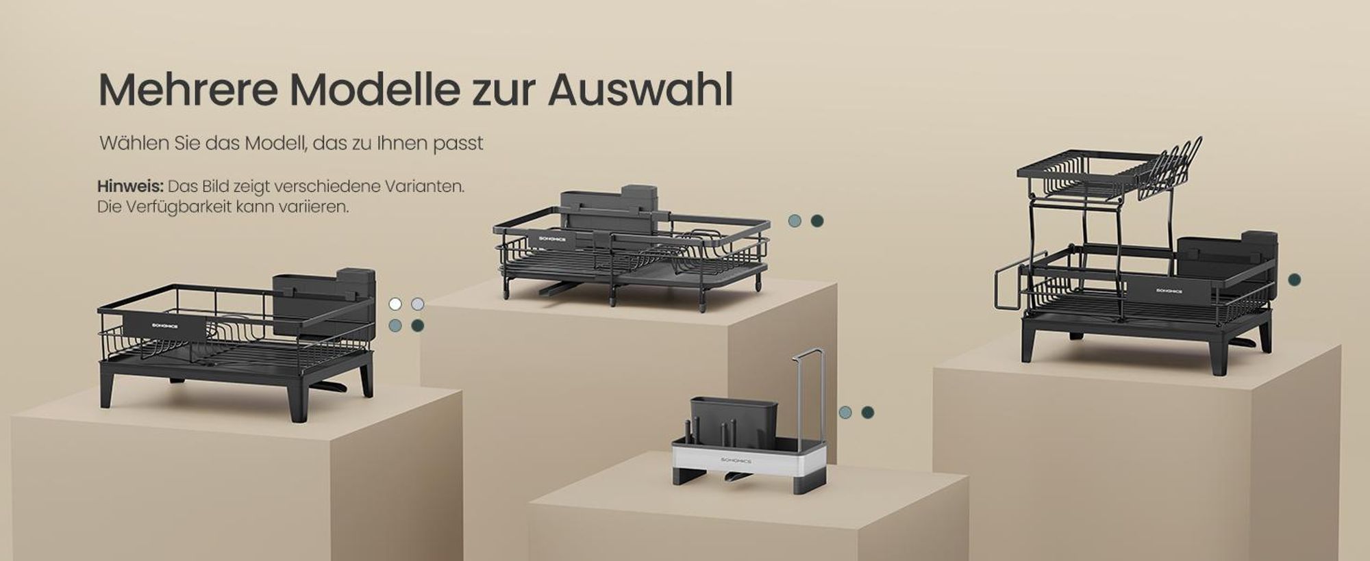 SONGMICS Geschirrständer ausziehbar, Stahl, Abtropfgestell, platzsparend, drehbarer Ablauf, grau
