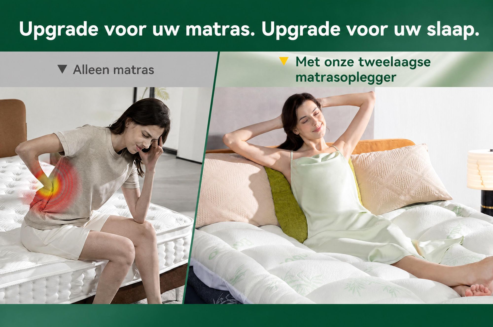 NicePlus 2-in-1 Topper, 90x200x7 cm, traagschuim met 5 zones + bamboe tijk, met hoekelastieken geschikt voor alle matrassen, H2/H3, groen