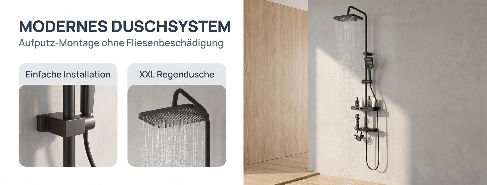 ROSEJANE Duscharmatur Komplettset mit Klavierknopf, höhenverstellbar 103–130 cm, Regendusche 27 × 17,5 cm, 2 Handbrausen, Ablage, Grau