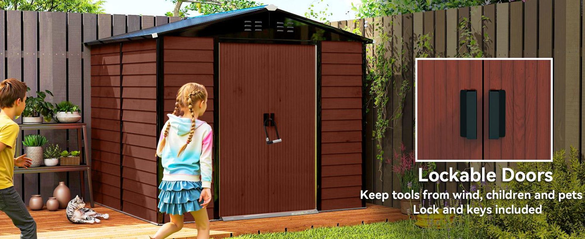 Domek ogrodowy Outsunny 4,4 m², domek ogrodowy ze spadzistym dachem, drzwiami przesuwnymi, fundamentem, łatwy montaż, 240 x 206 x 198 cm, ocynkowana stalowa szopa narzędziowa, odporna na warunki atmosferyczne, do ogrodu, drewno tekowe