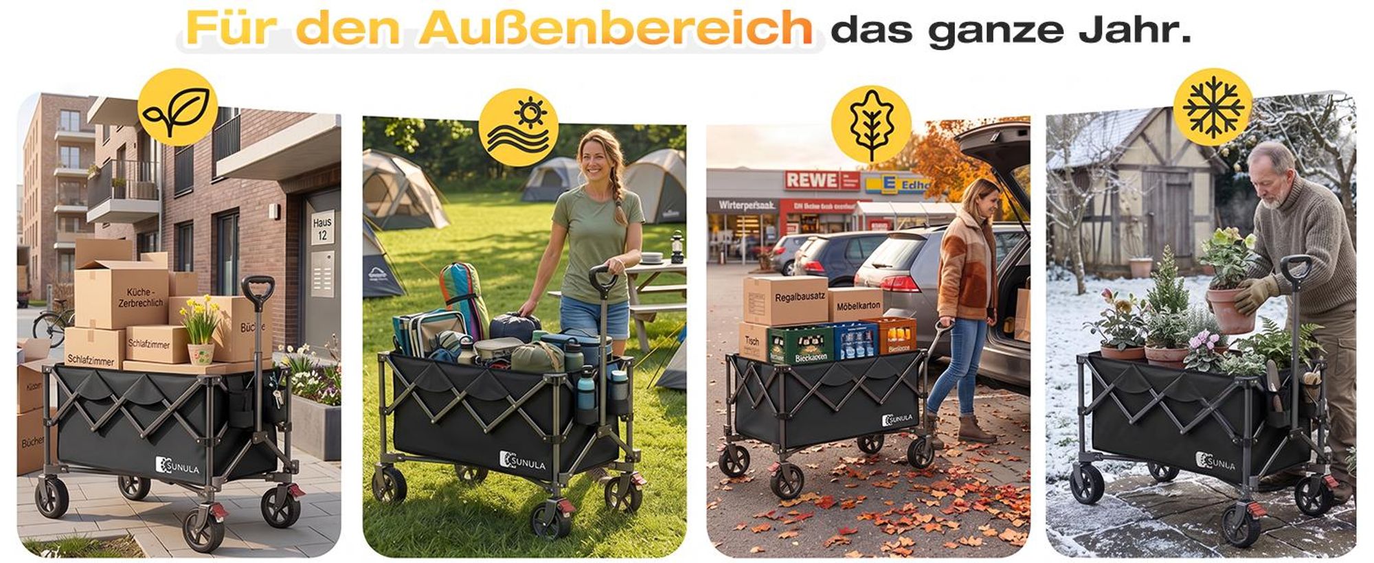 SUNULA Bollerwagen Faltbar Tragkraft 120 KG Handwagen mit EIN-klick-Handgriff, Schwarz