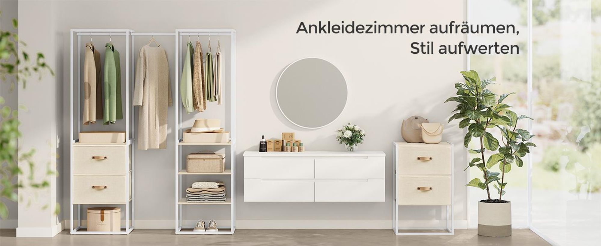 SONGMICS Kleiderständer, mit 1 ausziehbare Stange, 2 Schubladen, 4 Ablagen, hochbelastbar, platzsparend, Naturbeige