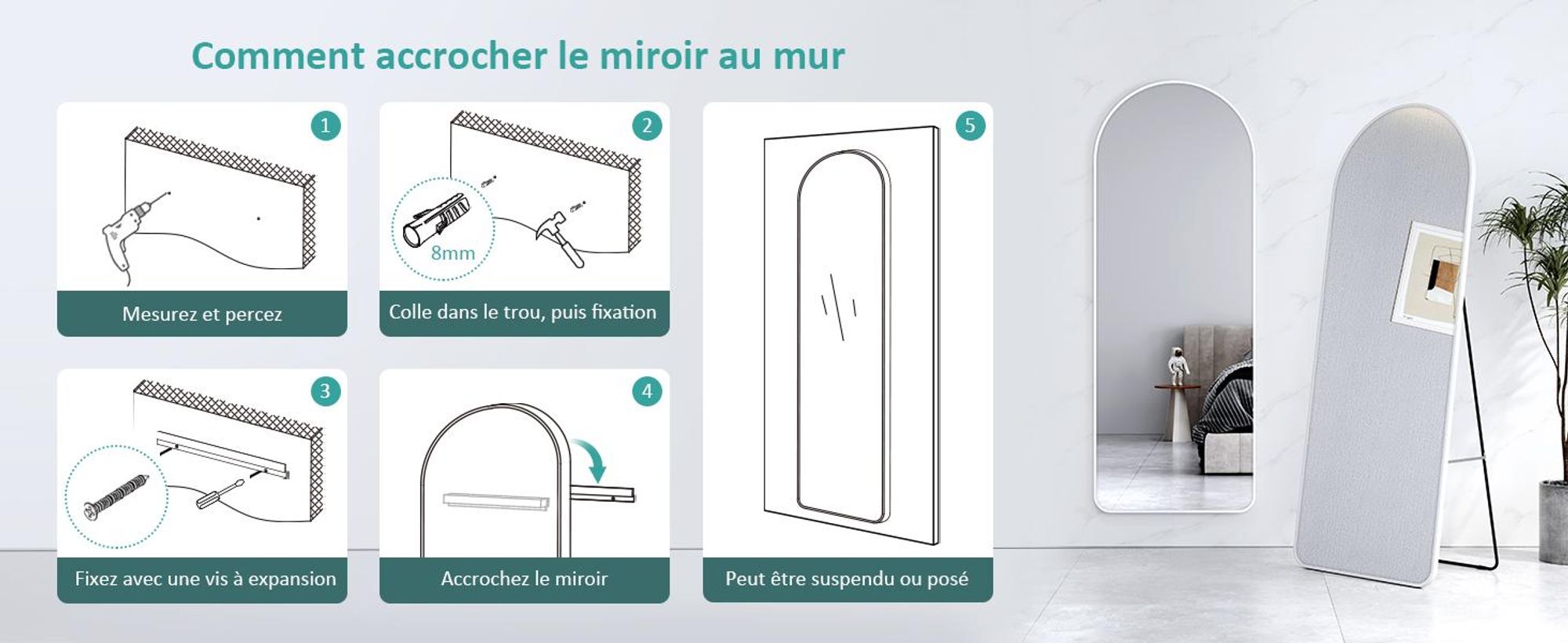 EMKE Miroir sur pied 160x60cm Miroir corps entier blanc Cadre aluminium Miroir bombé Miroir d'habillage avec film à fenêtre anti-explosion