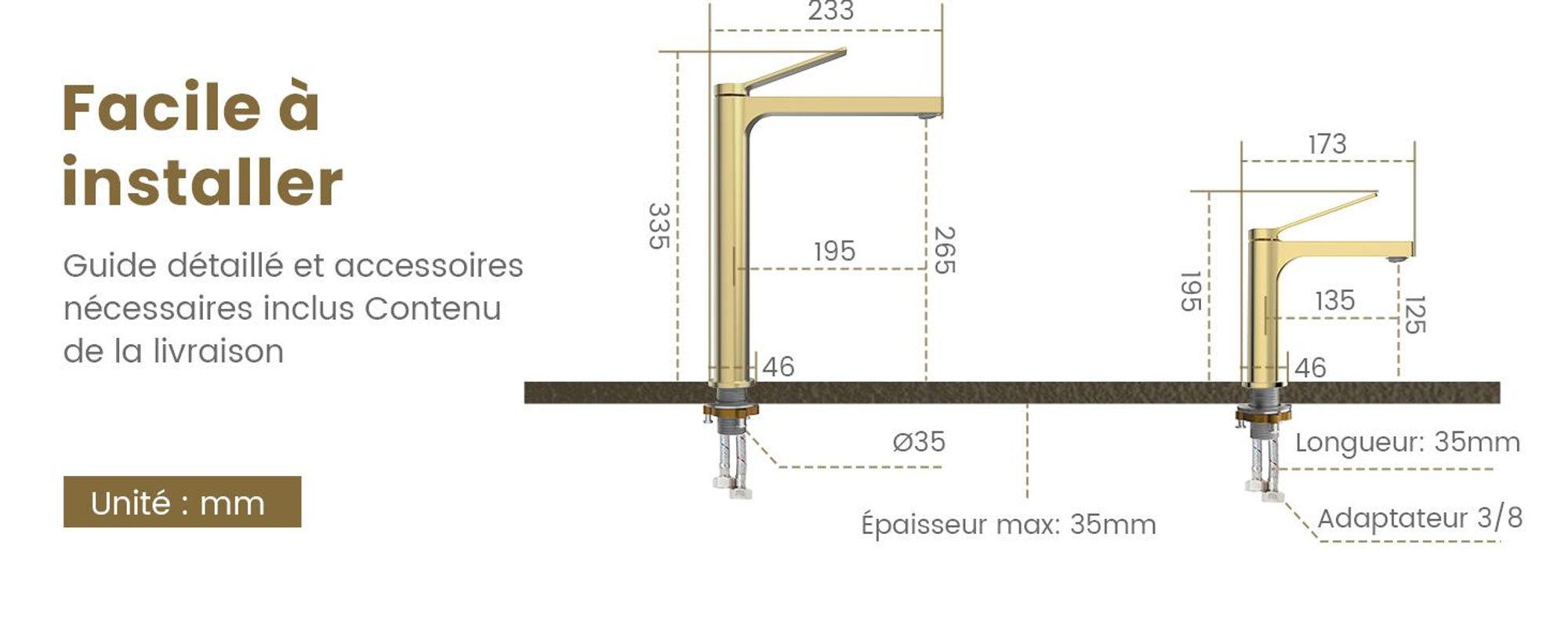 EMKE Robinet de salle de bain champagne-or 195x173x46mm, laiton, cartouche céramique, robinet de salle de bain, mitigeur de lavabo, mitigeur de lavabo