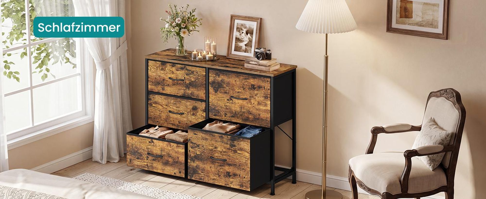 SONGMICS Kommode mit 5 Schubladen, Schubladenschrank mit Metallgestell, 98,7 x 30 x 74,7 cm, Tan