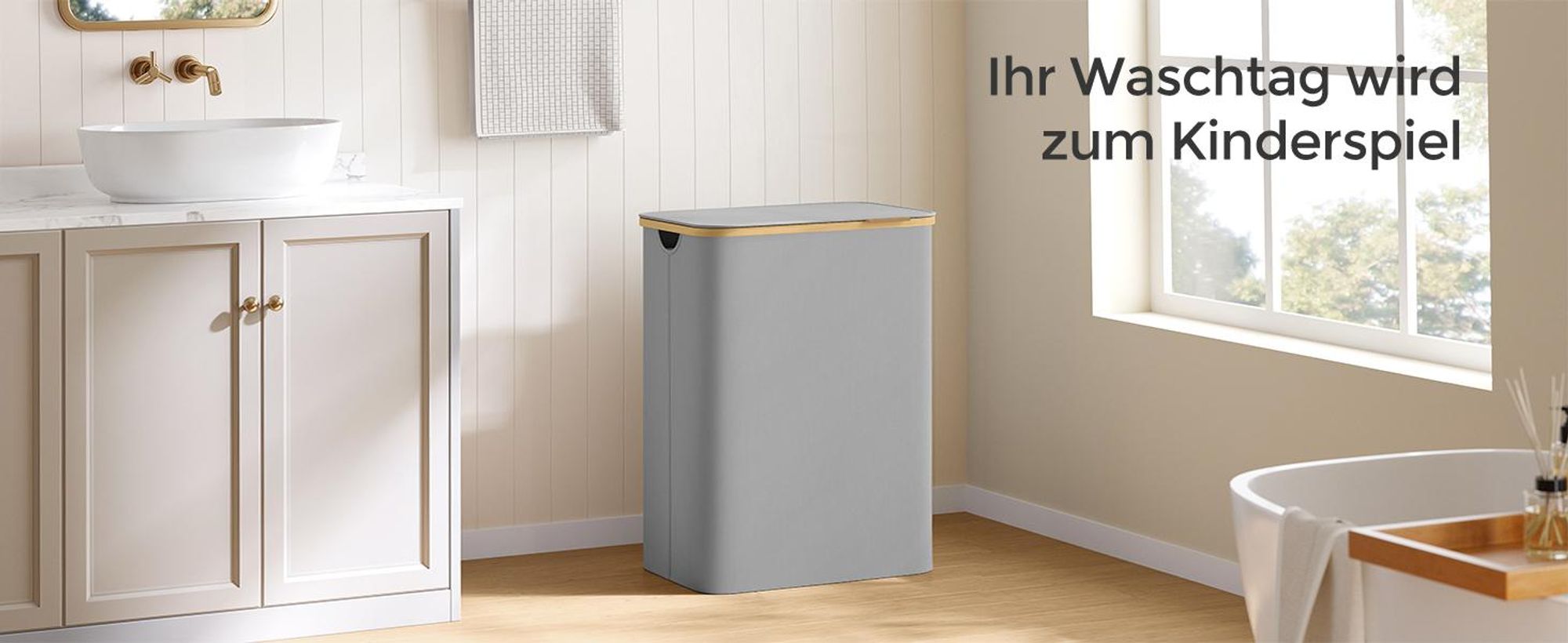 SONGMICS Wäschekorb mit Deckel, 2 Fächern, 130 L, herausnehmbarer Wäschesack, Griffe aus Bambus