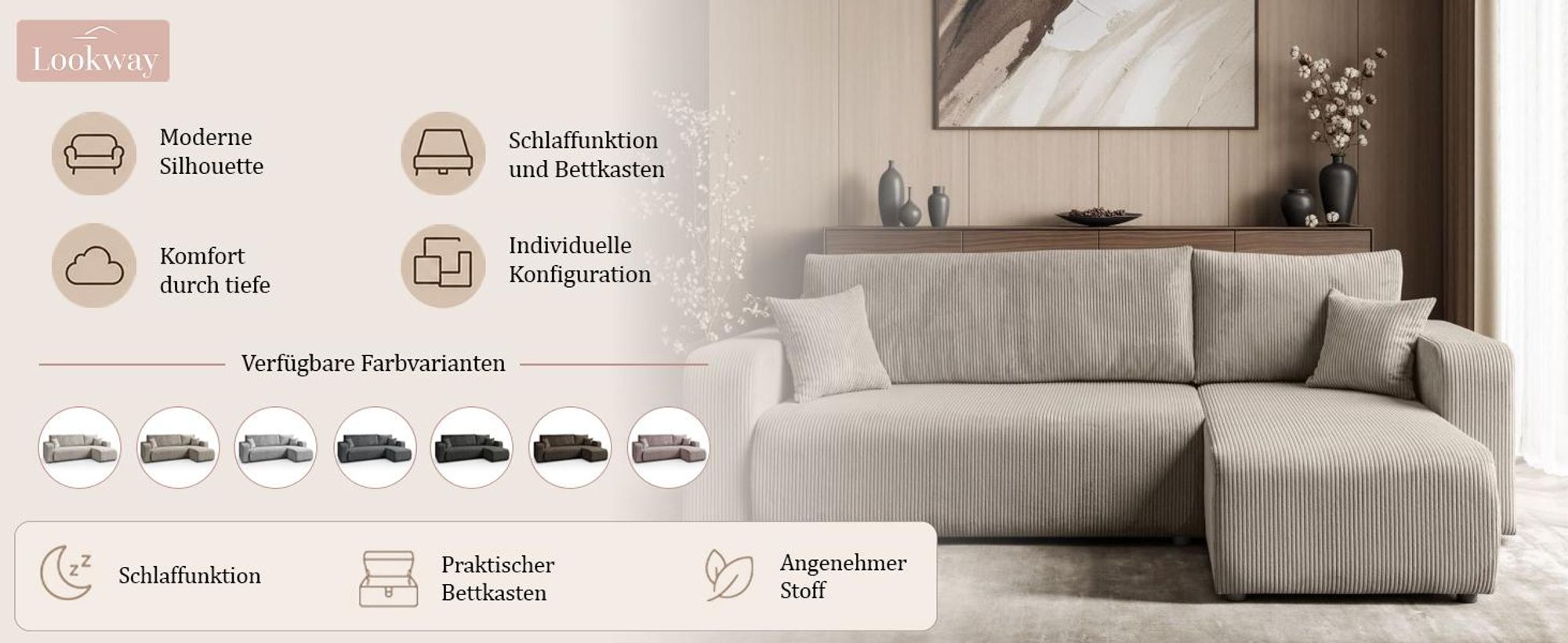 Ecksofa PRESTIGE L mit Schlaffunktion, und Bettkasten, Poso 02