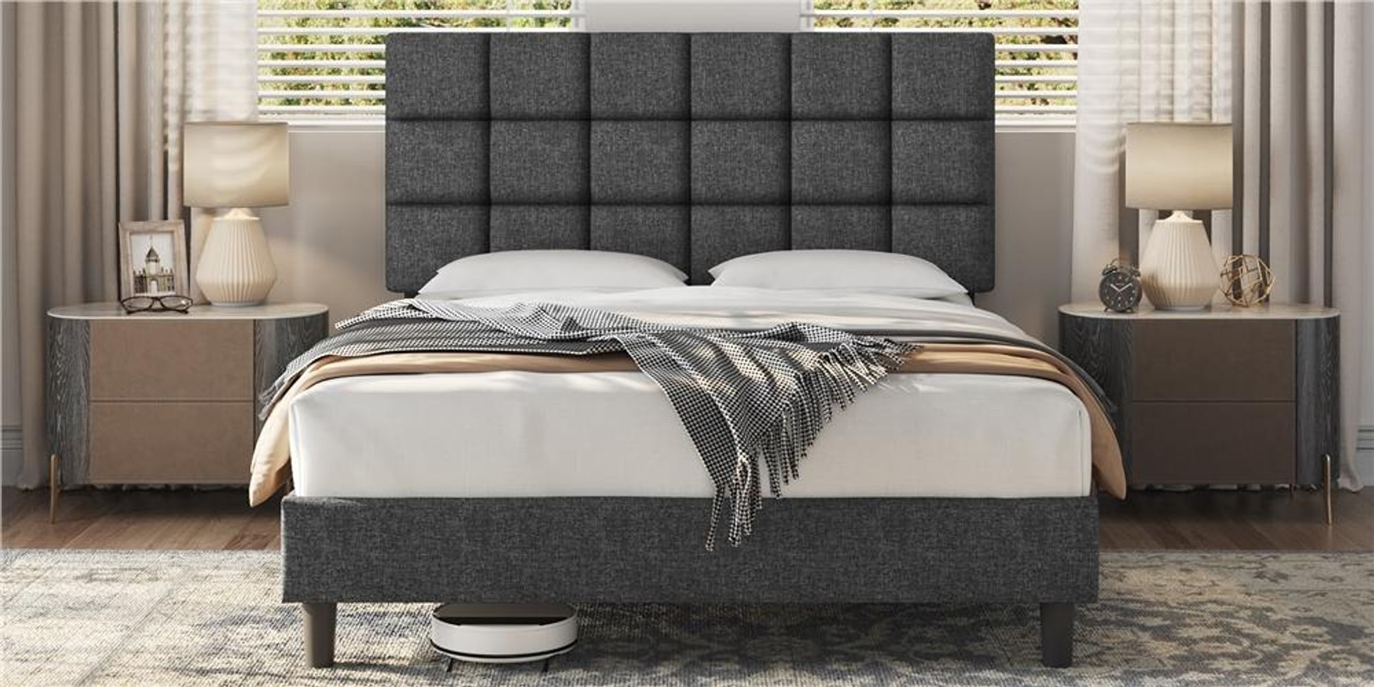 Yaheetech Polsterbett 160 x 200 cm, Doppelbett mit höhenverstellbarem Kopfteil, Bettrahmen Bettgestell mit Lattenrost, Dunkelgrau