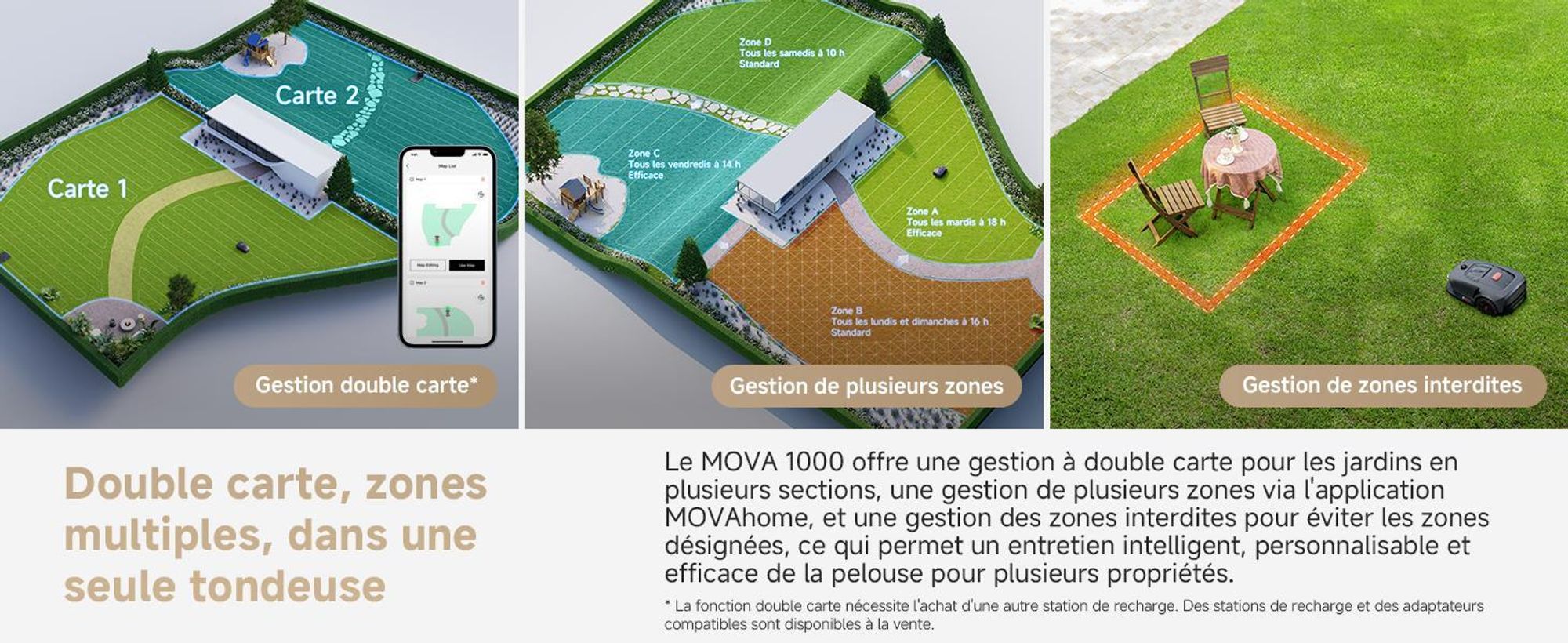 MOVA 1000 Robot Tondeuse 3D-LiDAR jusqu'à 1000 m², installation sans fil, évitement intelligent, App contrôle, roues tout-terrain, coupe en U