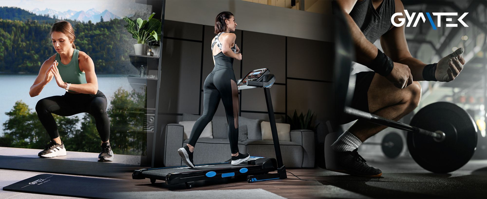 Sportliche Frau in verschiedenen Trainingssituationen mit Equipment