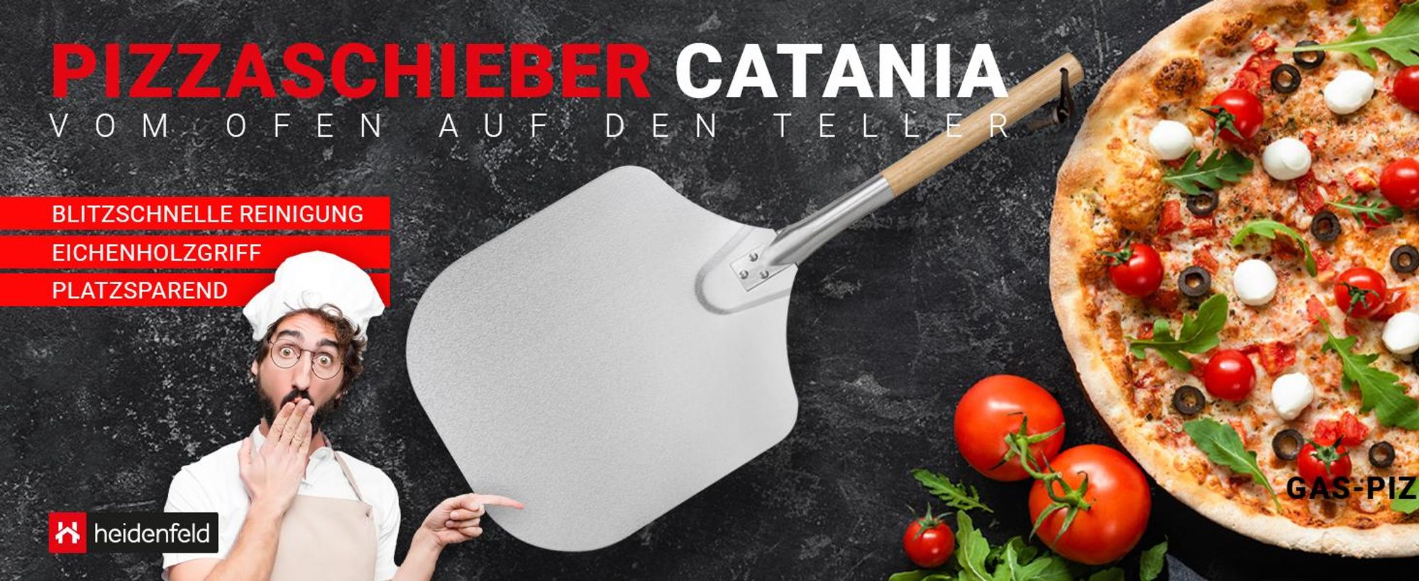 Heidenfeld Pizzaschieber Catania | Pizza Schieber - Aluminium - Eichenholz - 30,5 cm - Pizzaschaufel mit abnehmbarem Holzgriff