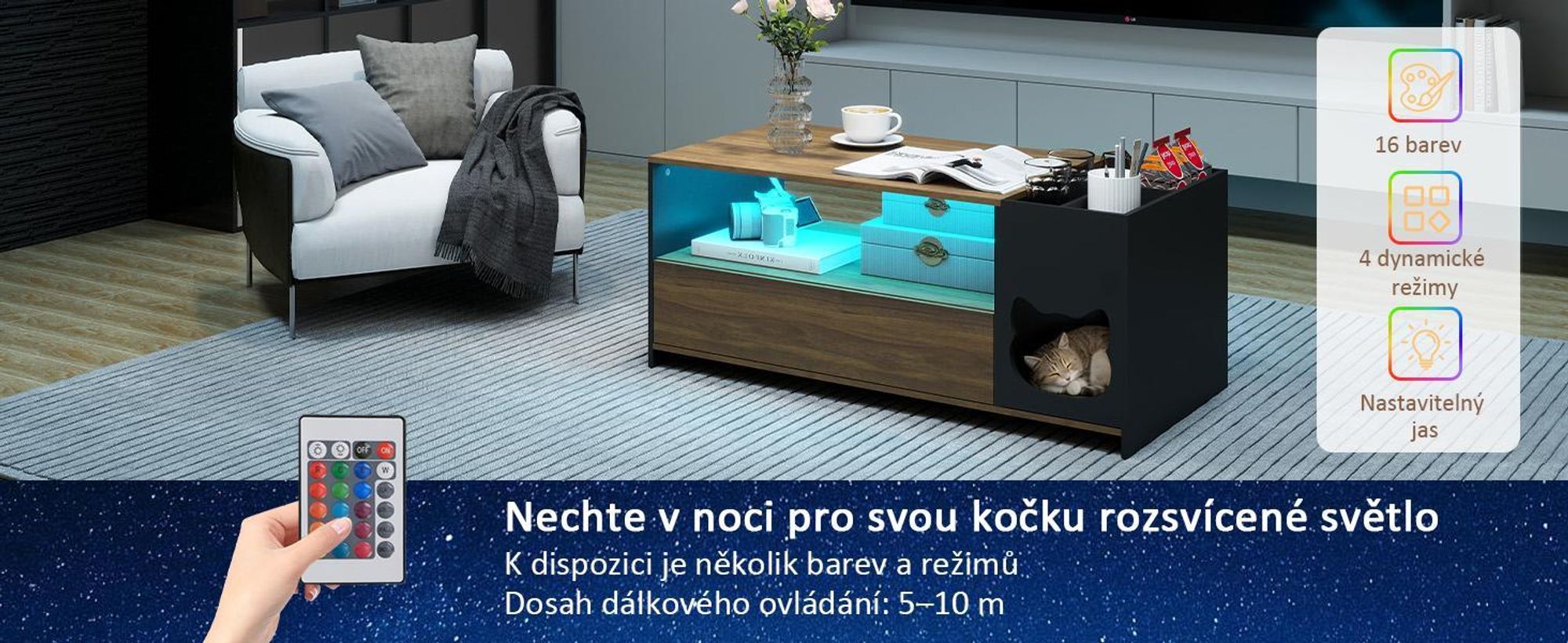 Konferenční stolek Puluomis se zásuvkou, RGB LED osvětlením a dálkovým ovládáním, konferenční stolek s domečkem pro kočky, velký úložný prostor, do obývacího pokoje