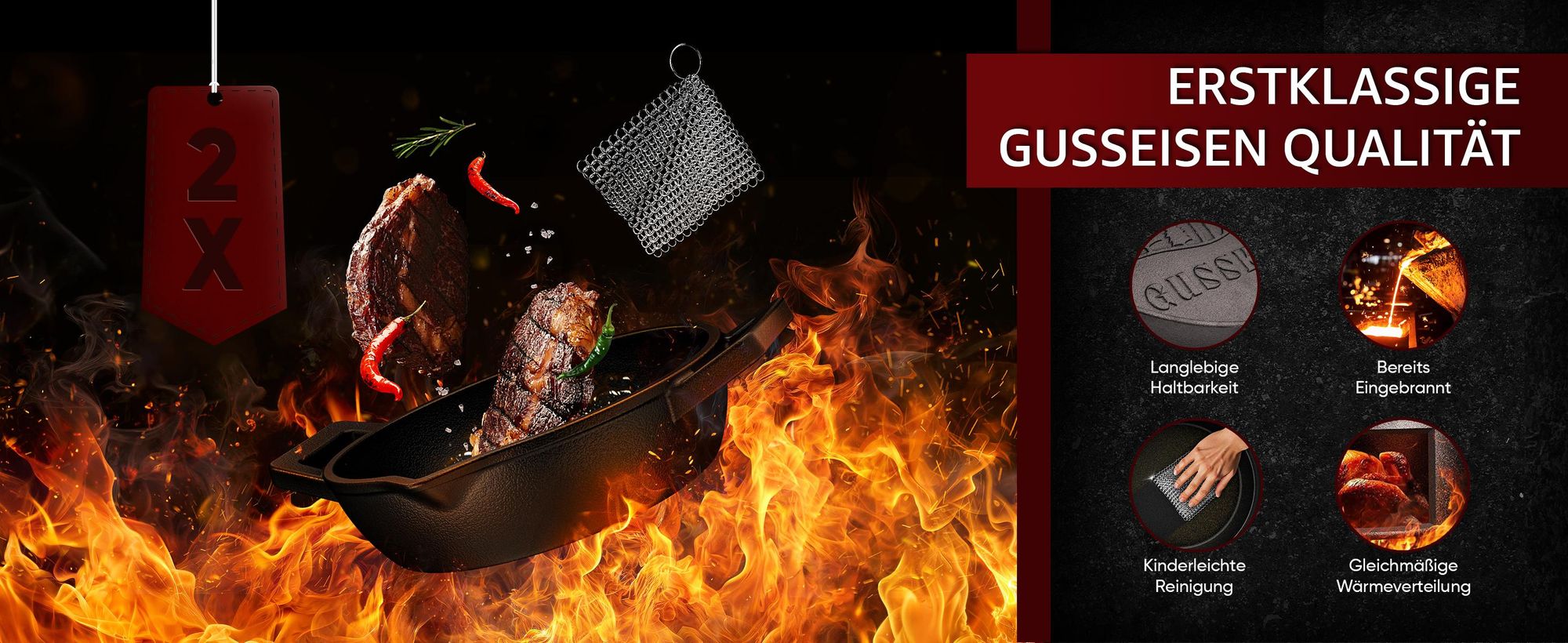 GUSSKÖNIG Gusseisen Grillpfännchen für Grill (2er Set) -  Gusseisenpfanne klein Ø 11 cm -  2x kleine Pfanne  - eingebrannte mini Pfanne