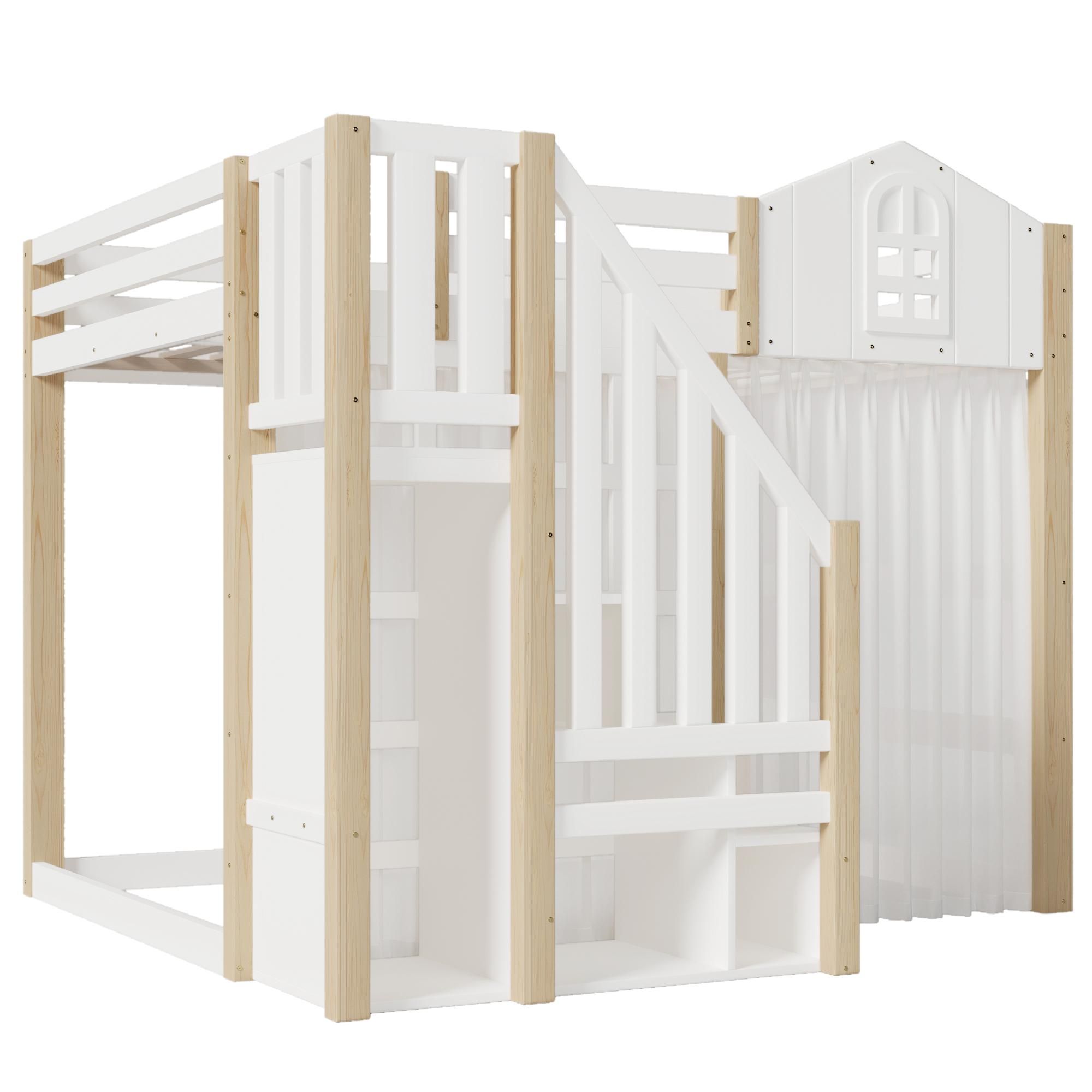 Flieks Etagenbett 140x200cm mit Led, Kinderbett Hausbett mit Bettvorhang, Hochbett Doppelbett mit Lattenrost und Rausfallschutz, Naturbelassen