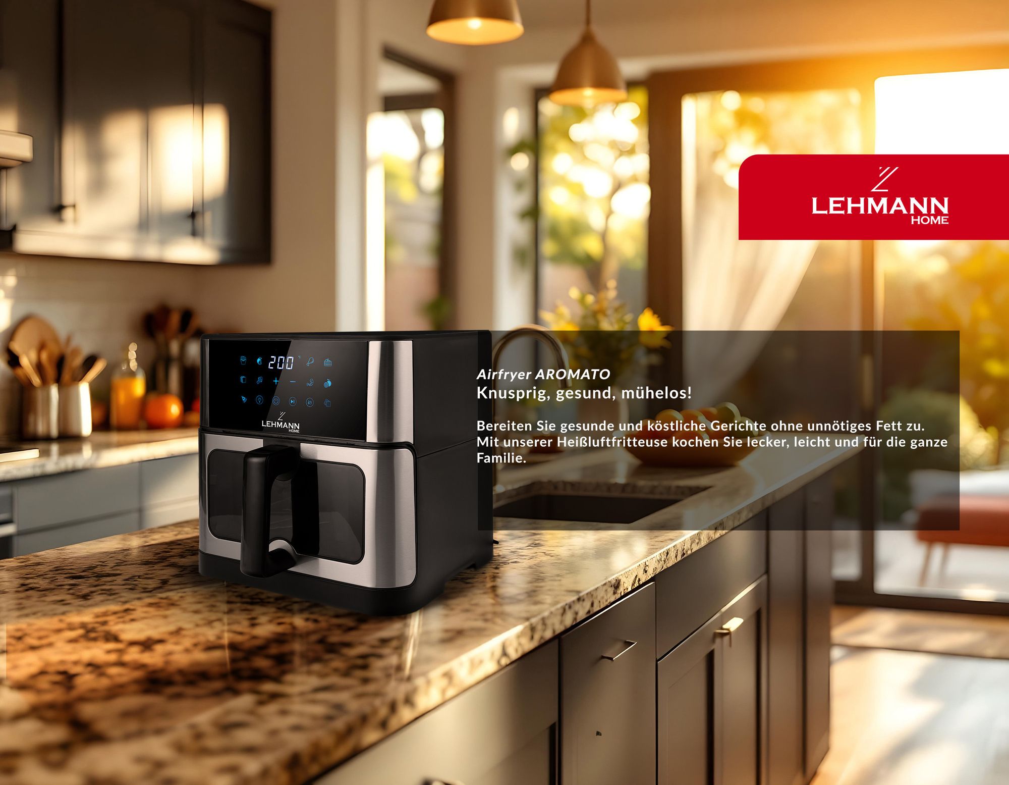LEHMANN Heißluftfritteuse, Airfryer 1800 W, Kapazität 10L, 80°-200°, 12 Programmen, mit Sichtfenster - Backen und Frittieren Ohne Fett