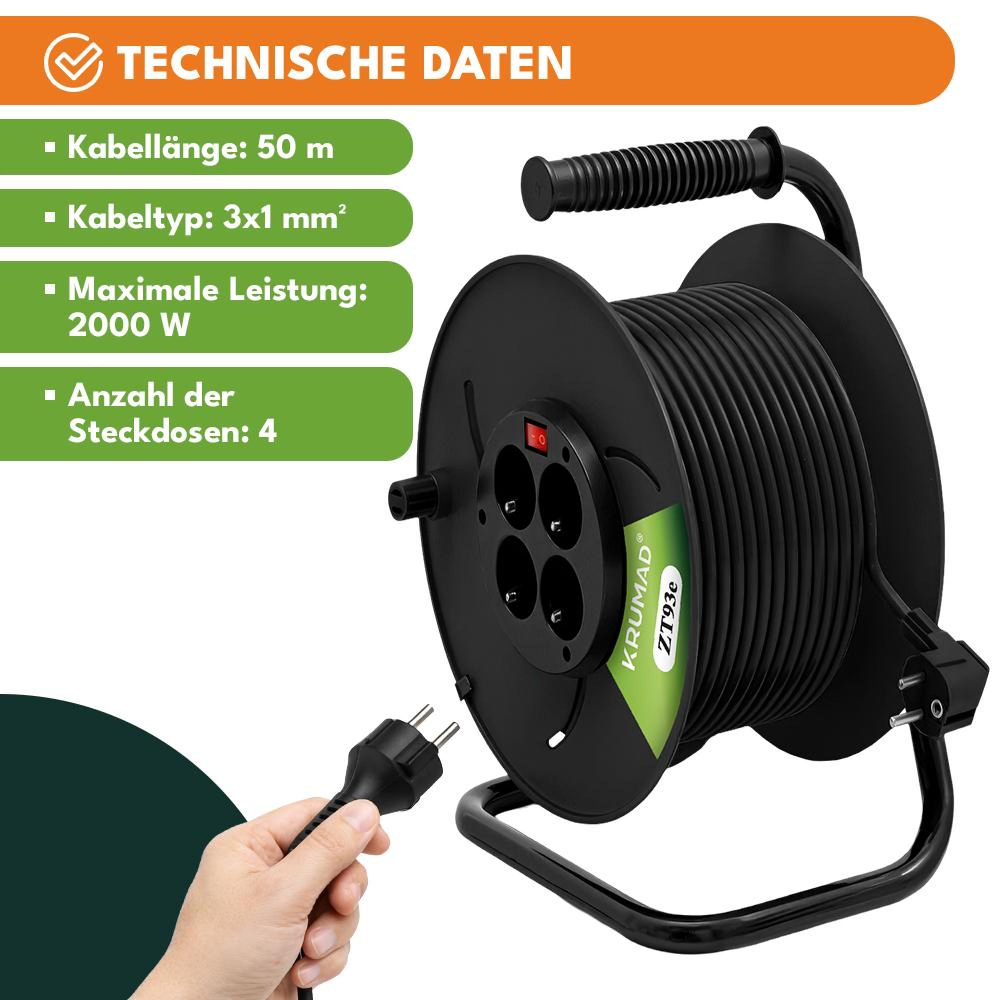 KRUMAD Kabeltrommel 50m mit 4 Schutzkontaktsteckdosen, 2000W max, robust & wetterfest für Außen, Werkstatt & Baustellen, 3x1mm², Schwarz