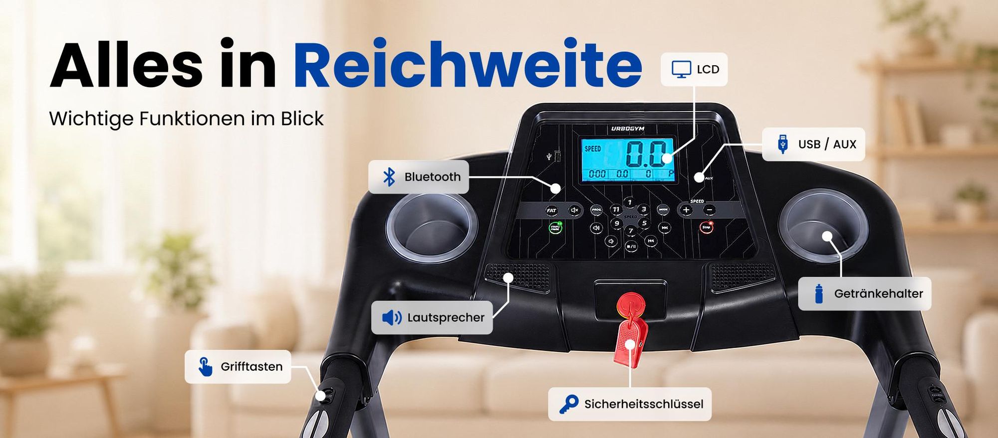 URBOGYM V520S Elektrisches Laufband, 15 km/h, 15-stufige Auto-Steigung, 12 Programme, klappbar, Bluetooth, bis 130 kg