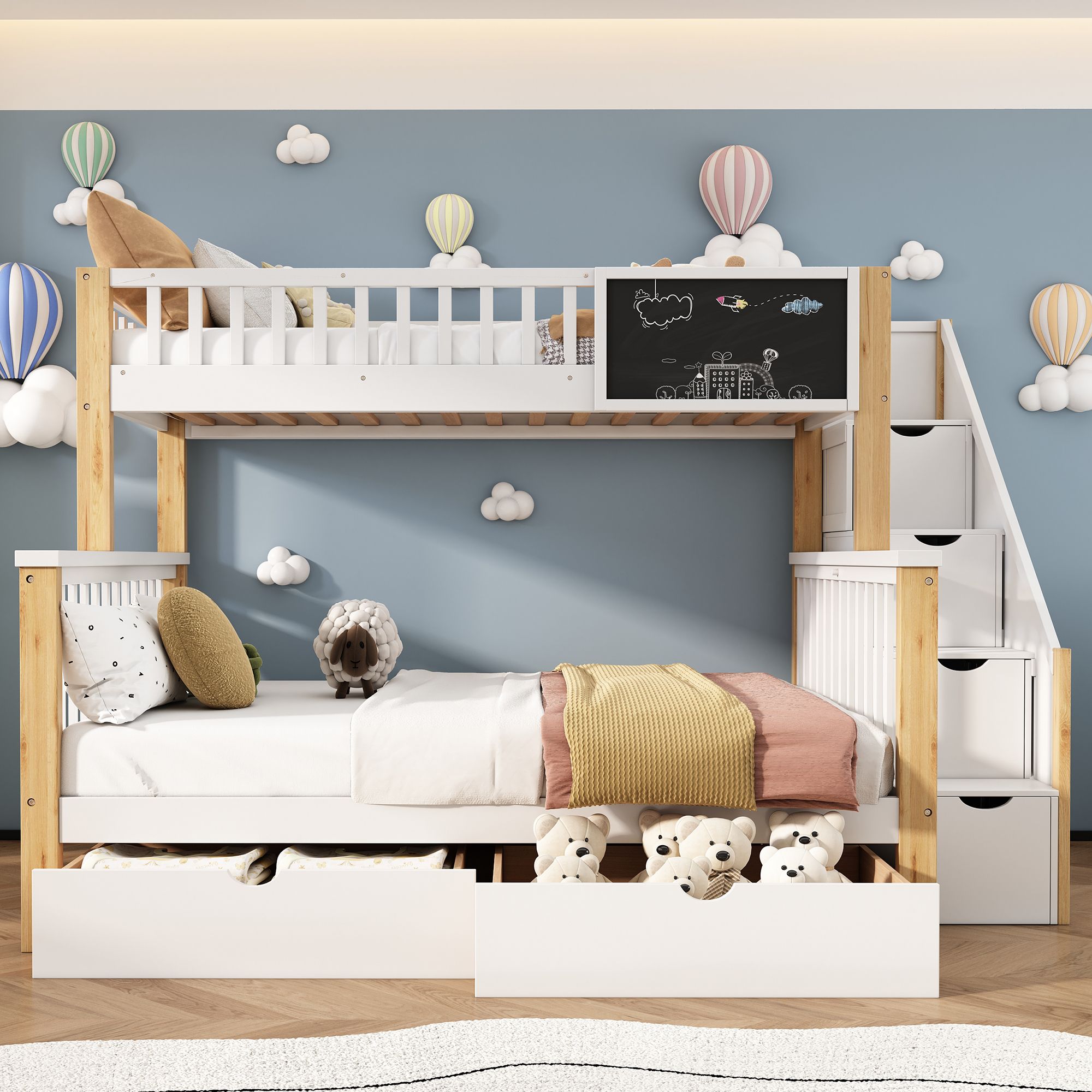 Flieks Kinderbett 90x200cm/140x200cm, Etagenbett mit Rausfallschutz, Hochbett mit Treppe und Schubladen, Massivholzbett mit Lattenrost und Tafel