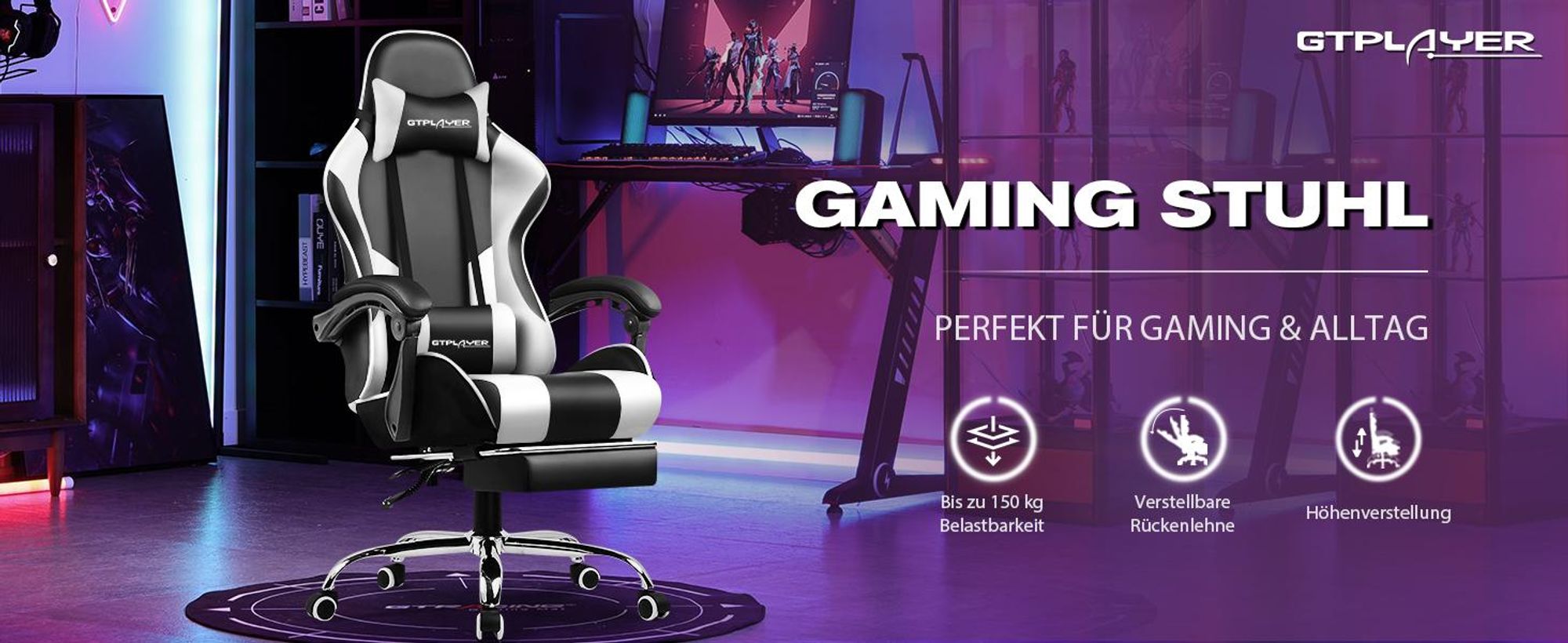 GTPLAYER Gaming Stuhl, Bürostuhl, Ergonomischer Pc Stuhl, Gaming Sessel mit Massagelendenwirbelstütze mit Fußstütze und Kopfstütze, Weiß Kunstleder