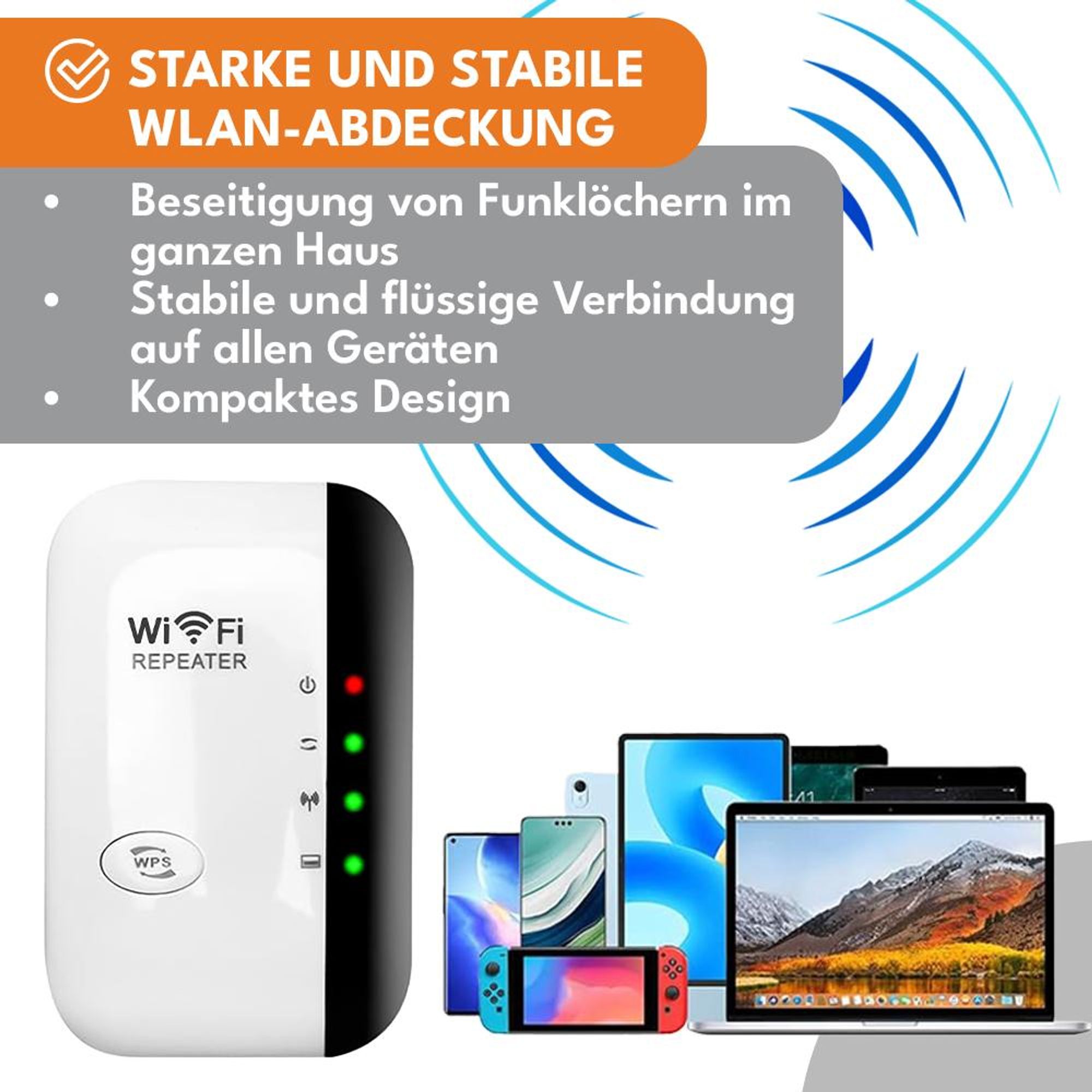 KRUMAD WLAN Repeater Steckdose 2.4 GHz – WiFi Verstärker mit WPS & LAN Port – Kompakter WLAN Extender für Haus & Wohnung, idealer Signalverstärker