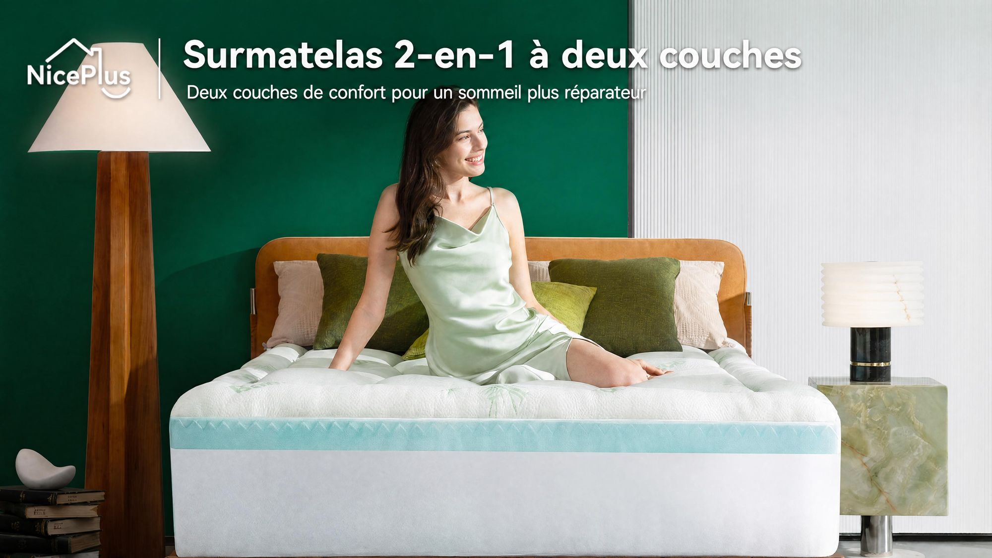 NicePlus, surmatelas 2 en 1, 90x200x7 cm, mousse à mémoire de forme à 5 zones + garniture supérieure en bambou, avec élastiques d'angle pour tous les matelas, fermeté H2/H3, couleur verte
