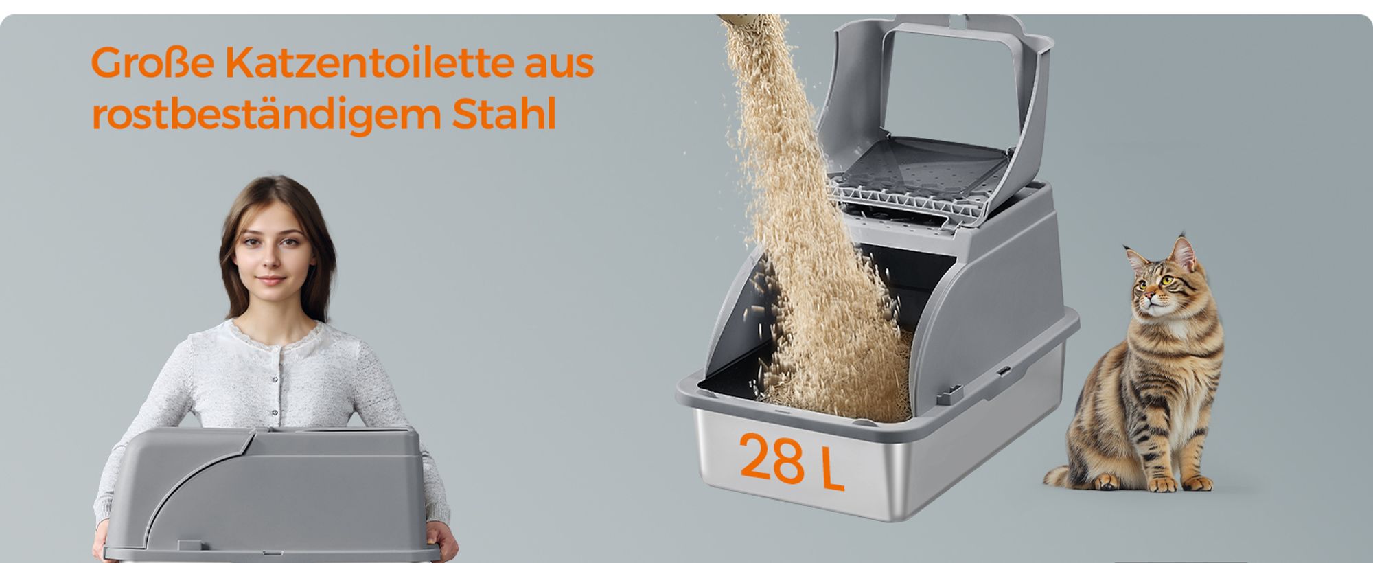 Feandrea Edelstahl Katzenklo, XL, Katzentoilette mit Deckel, mit Schaufel, Bürste und 2 Eingängen, für Katzen bis 15 kg, taubengrau