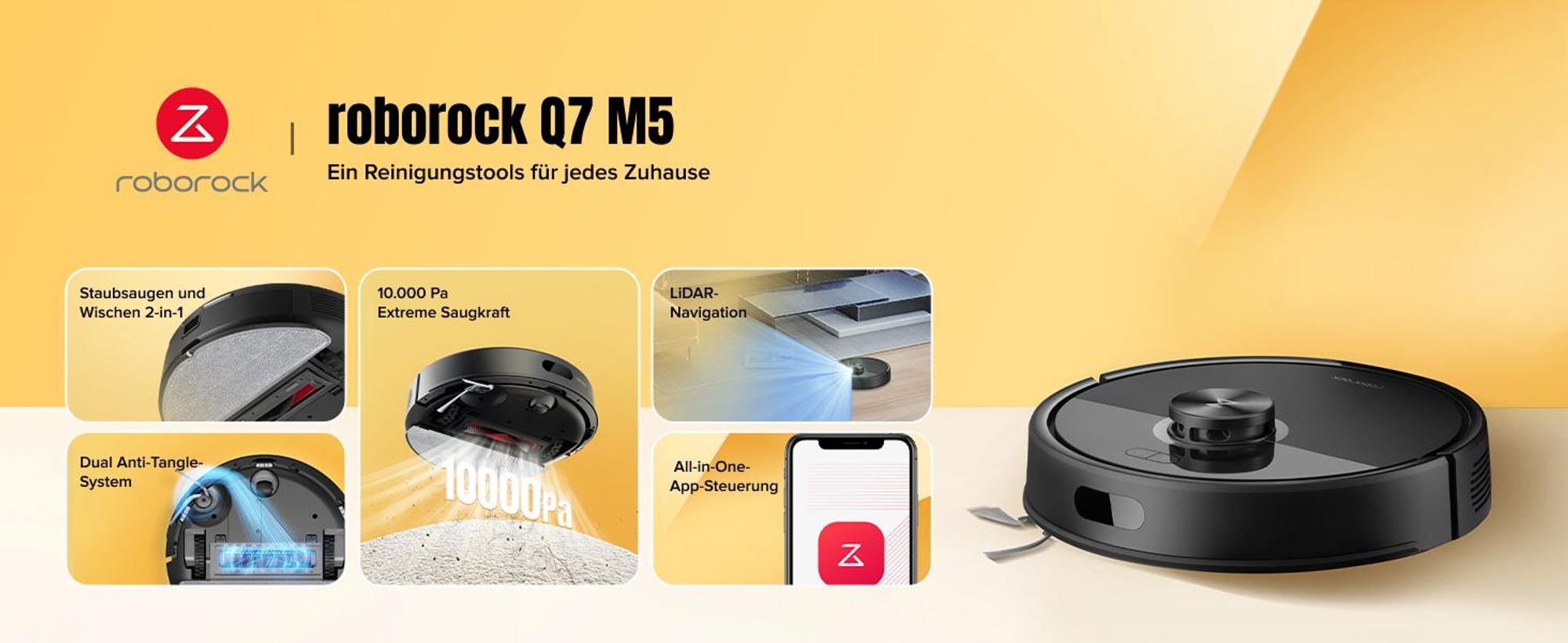 Roborock Q7 M5 Saugroboter mit Wischfunktion, 10.000Pa(Upgrade von Q5 PRO), Dual Anti-Tangle-System,Staubsauger Roboter für Teppich,Tierhaare(Schwarz)