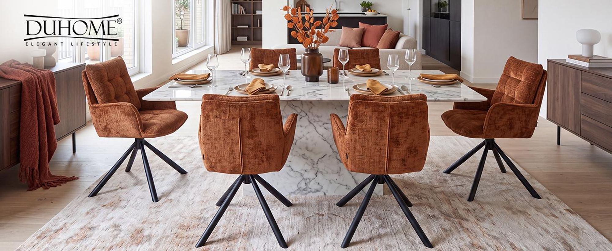 Duhome eetkamerstoel, 360° draaibaar, loungestoel, fluweel, ergonomische fauteuil met verstelbare functie, geschikt voor kantoor, keuken, woonkamer, slaapkamer, oranje